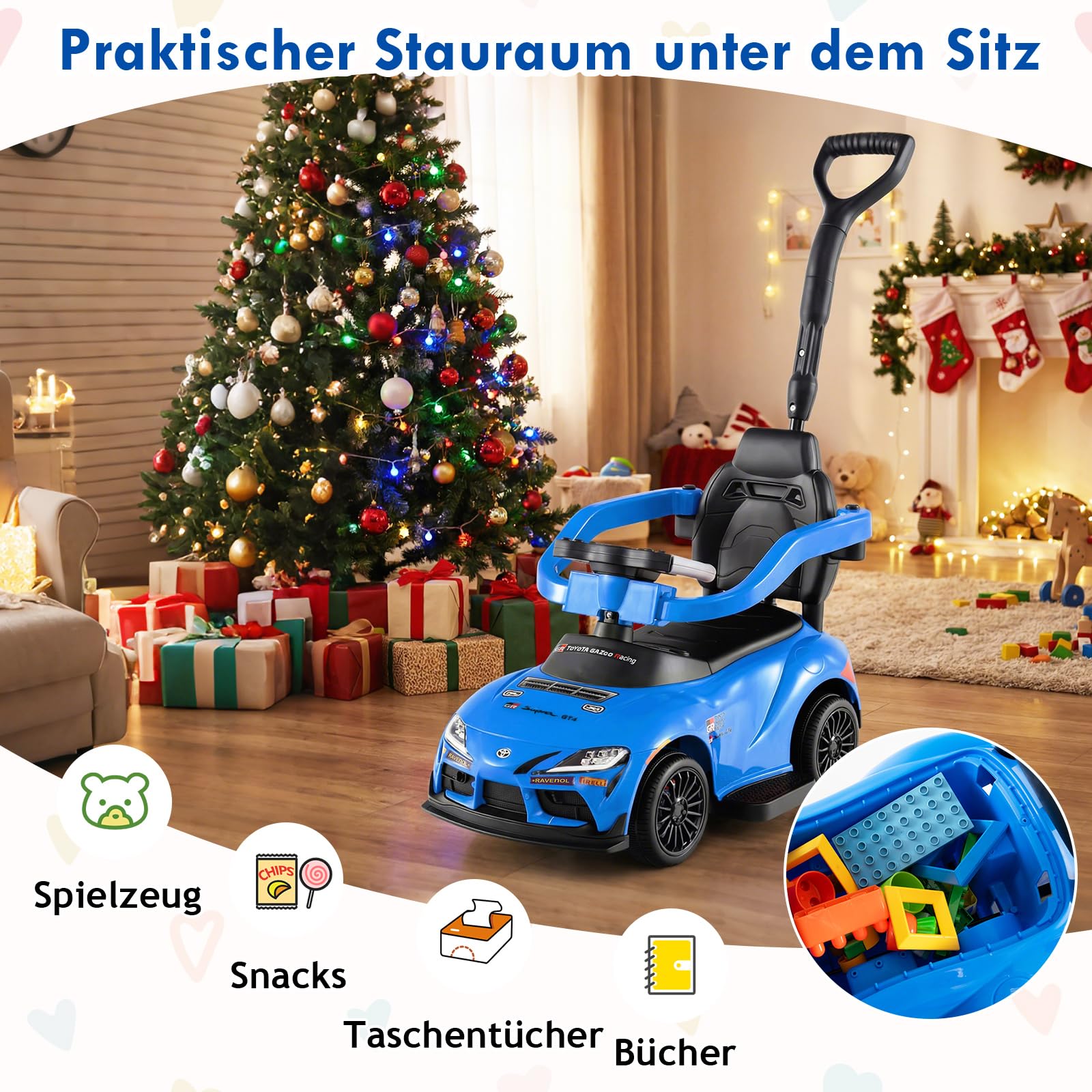 GOPLUS Samochód przesuwny 3 w 1, Toyota z ukrytym schowkiem i muzyką, pojazd ślizgowy z drążkiem przesuwnym, pojazd dziecięcy do użytku wewnątrz i na zewnątrz, dla dzieci w wieku 18-60 miesięcy