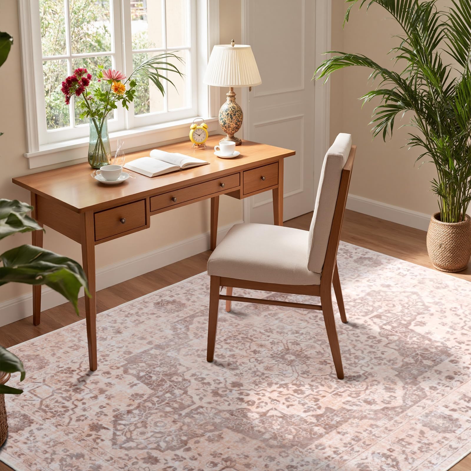 Vintage Teppich Wohnzimmer 160x230cm, Waschbarer Teppich Schlafzimmer, Boho Kurzflor Esszimmer Teppiche, Weich rutschfest Teppiche für Küche Kinderzimmer, Rosa Orange
