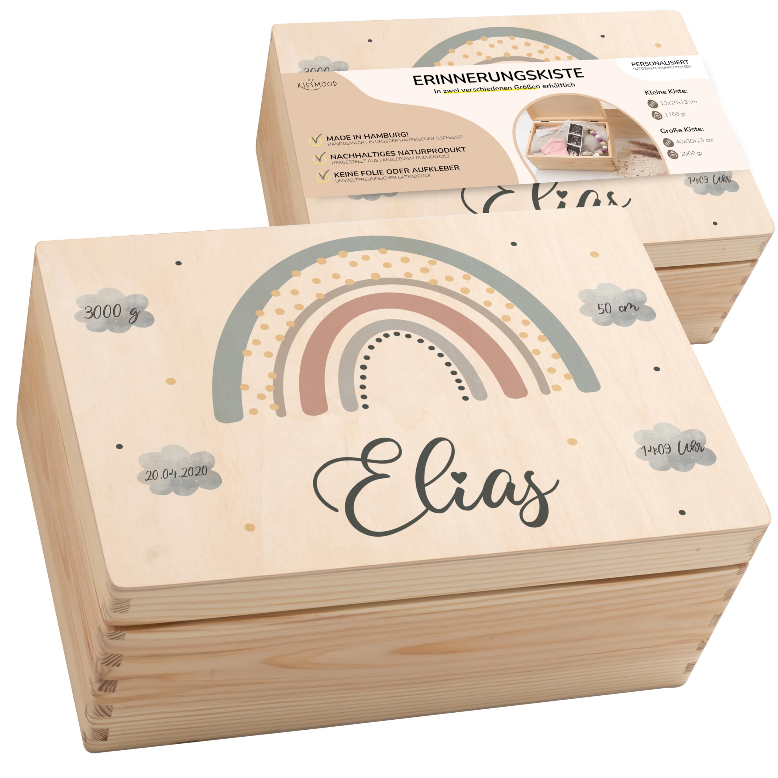 KIDSMOOD - Erinnerungsbox Baby, personalisierte Holzkiste mit Deckel, Ideal zur Aufbewahrung von Erinnerungen und als Geschenk zur Geburt, Taufe oder als Geburtstagsgeschenk für Mädchen und Jungen