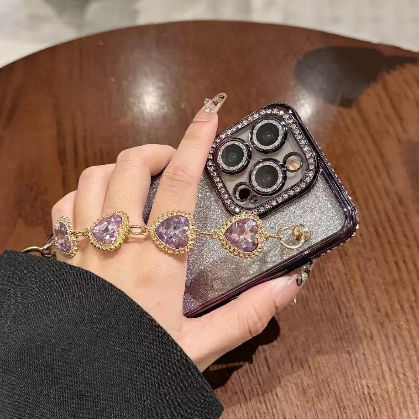 Funda de Pulsera de Lujo con diseño de corazón y Purpurina degradada para iPhone 16 ProMax (para iPhone 16 ProMax/Rosa GS)
