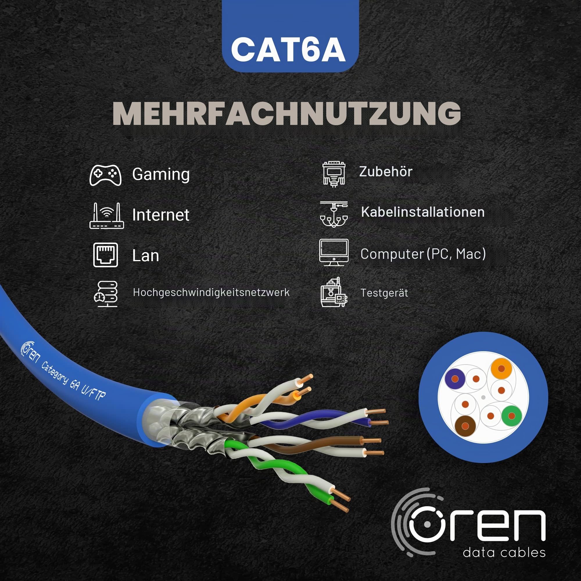 Oren CAT6A 50m Ethernet Kabel – 23 AWG reiner Kupferdraht – 500 MHz Bandbreite U/FTP-Internet-LAN-Netzwerkkabel, halogenfrei, nicht korrosiv – 10 GbE Hochgeschwindigkeit