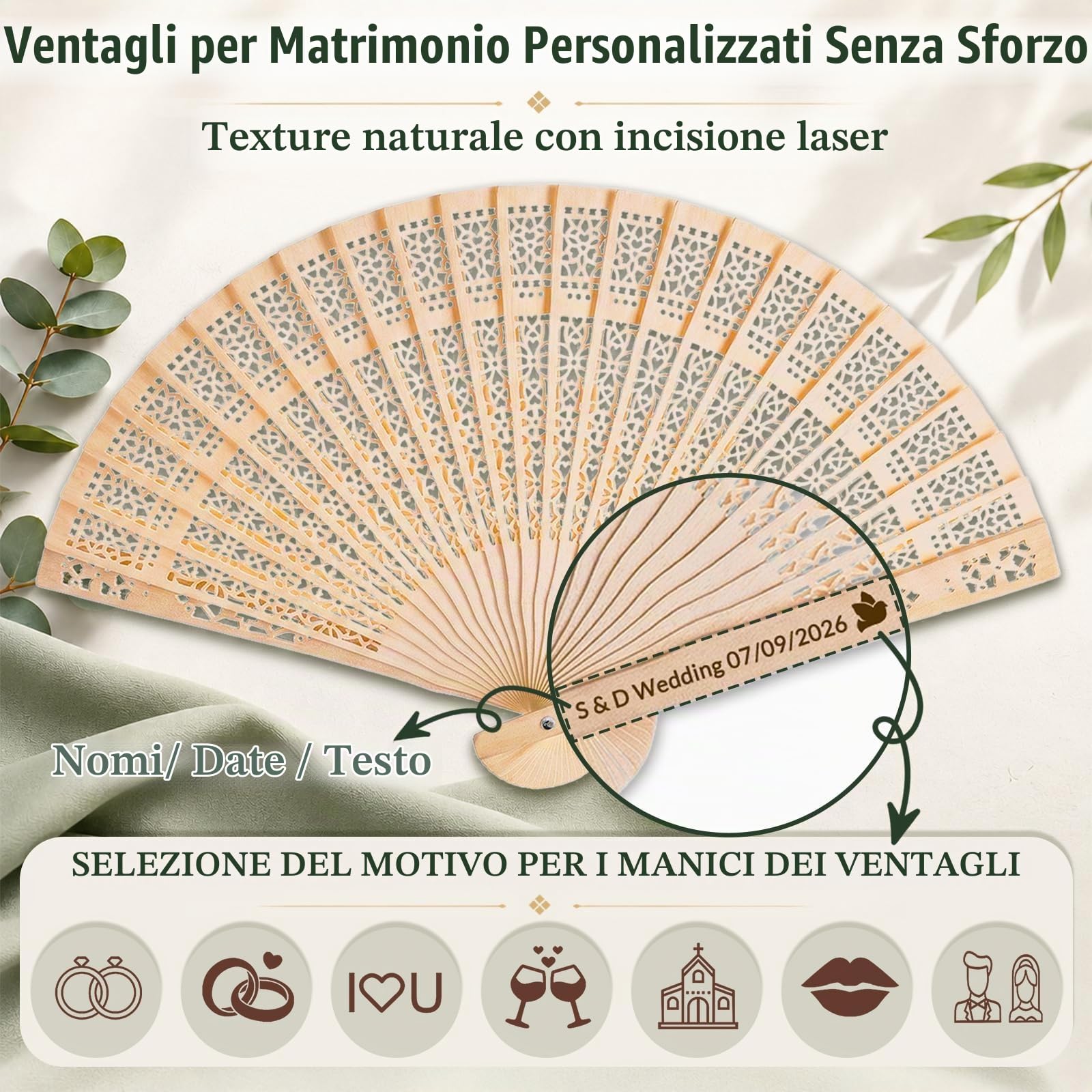 50 Ventagli Personalizzati Matrimonio – Bomboniere Legno | Gravure nome/data | Ventaglio in legno | Borsa organza | Bomboniera matrimonio