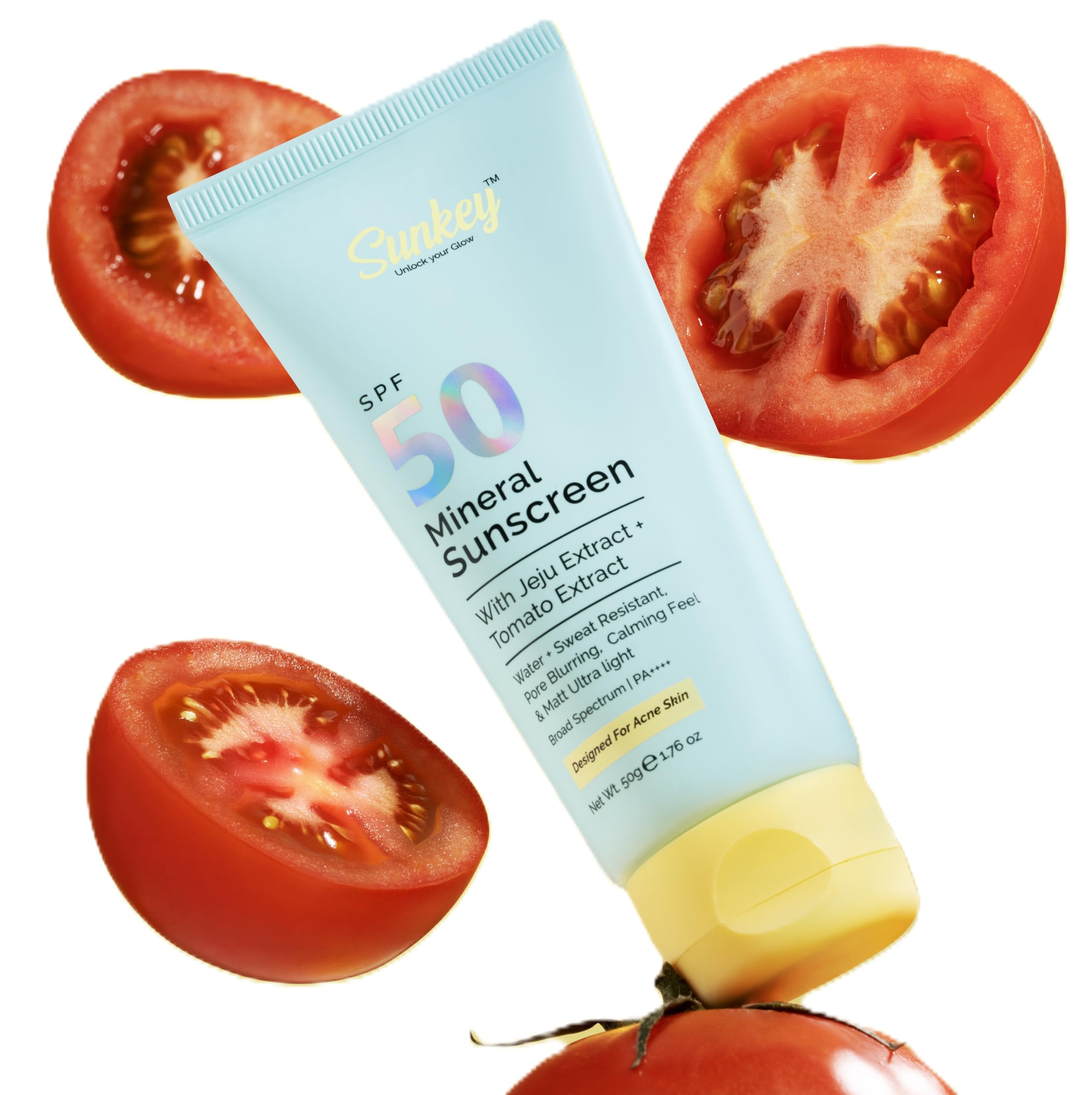 Sunkey Mineral Sunscreen SPF 50 PA++++ With Jeju And Tomato Extract | Non-nano | Lightweight | No White Cast | Water & Sweat Resistant