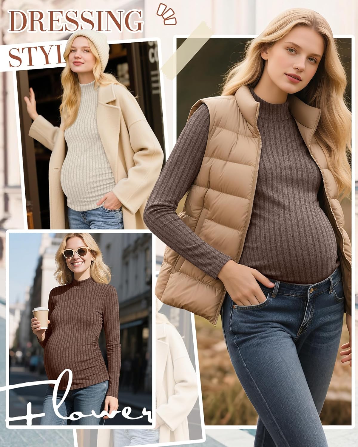 Neer 3 Pack Women's Maternity Tops, Pregnant Long Sleeve Sweaters Mock Turtleneck Pregnancy Shirts Ribbed Knit Mama Clothes - Image 2