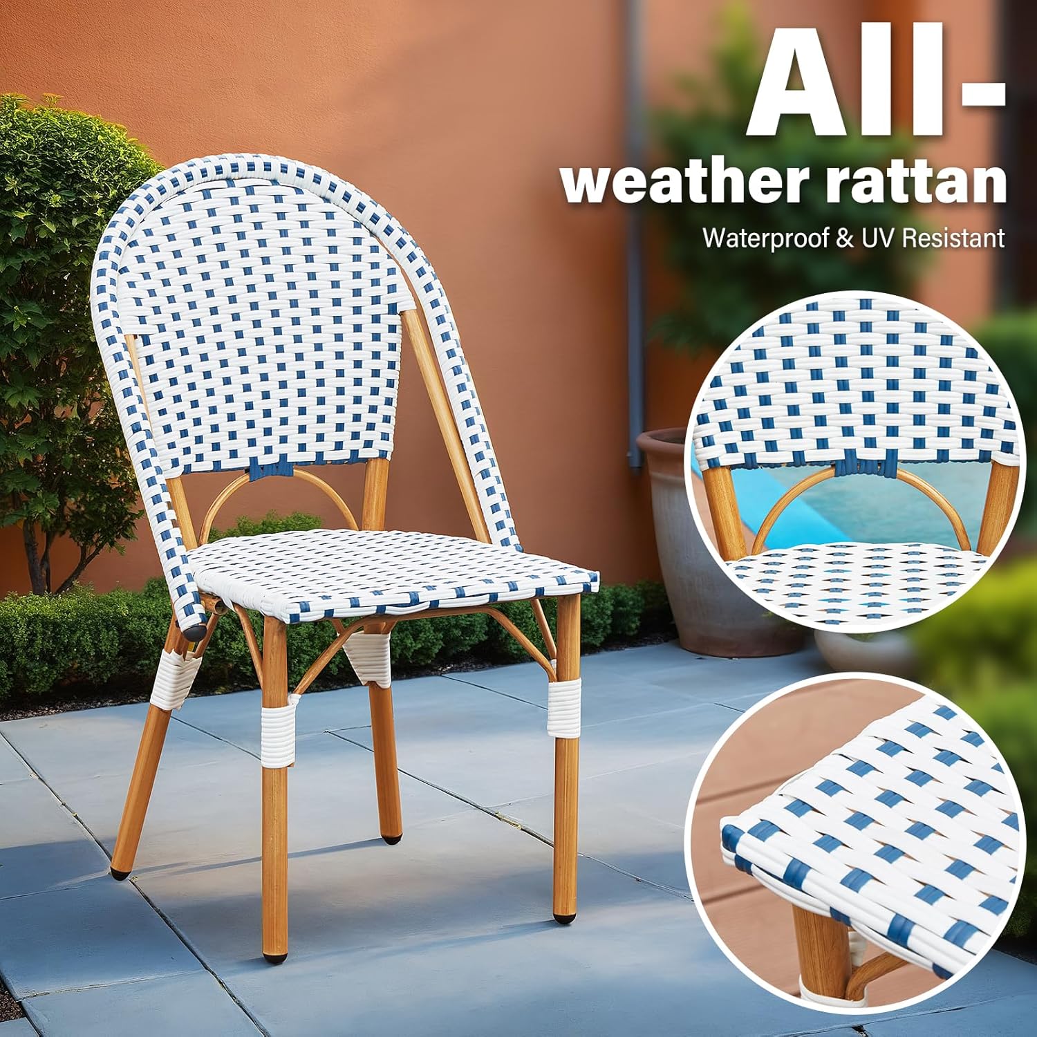 ECOTOUGE Outdoor French Bistro Chair Set of 2, Wicker Patio Dining Chairs with Print Finish, Accent Hand-Woven Rattan Furniture for Porch Garden Indoor, Blue&White