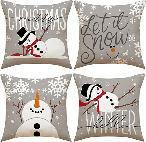 Miniatura 1 de Fundas de almohada navideñas de muñeco de nieve de 18 pulgadas, 4 piezas, decoraciones festivas para el hogar (4 piezas mixtas)