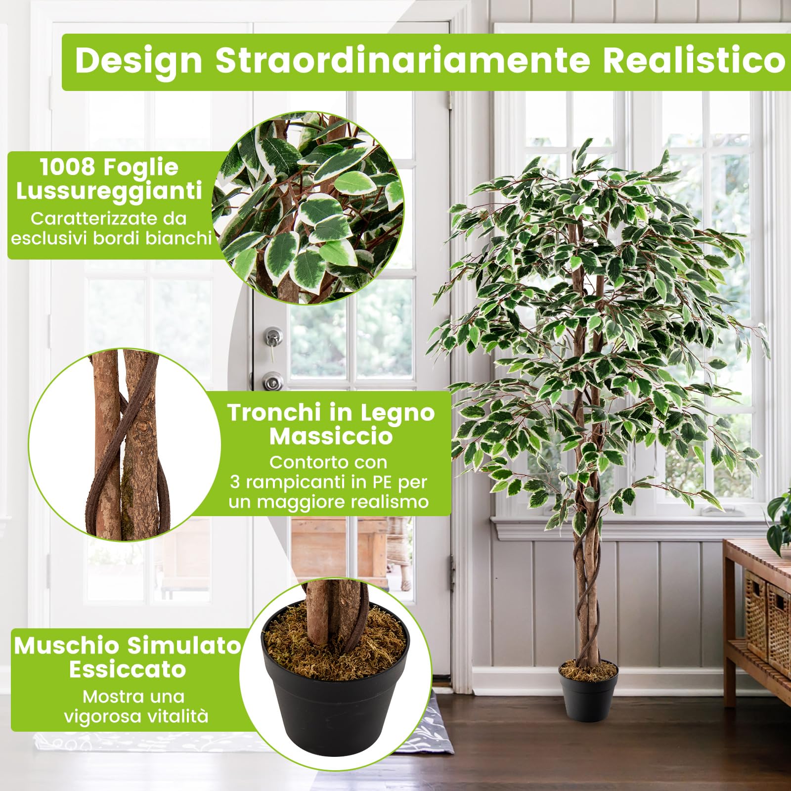 COSTWAY Albero di Fico Artificiale 160 CM, Pianta Finta da Interno con 1008 Foglie, Tronco Naturale in Legno, Vaso Robusto, Muschio Secco, Albero Finto per Casa, Ufficio, Soggiorno, Portico