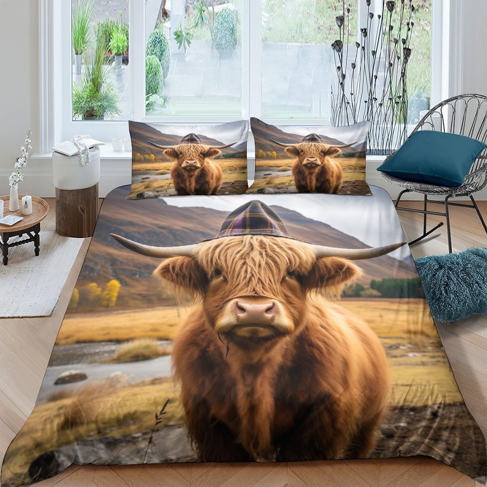 NAHCBIOT Highland Cattle Duvet Cover Boys Kids Bedding Set Comforter Cover Microfiber Decor with A Sense of 3D Print Cute Cow Quilt Cover King（220x240cm）