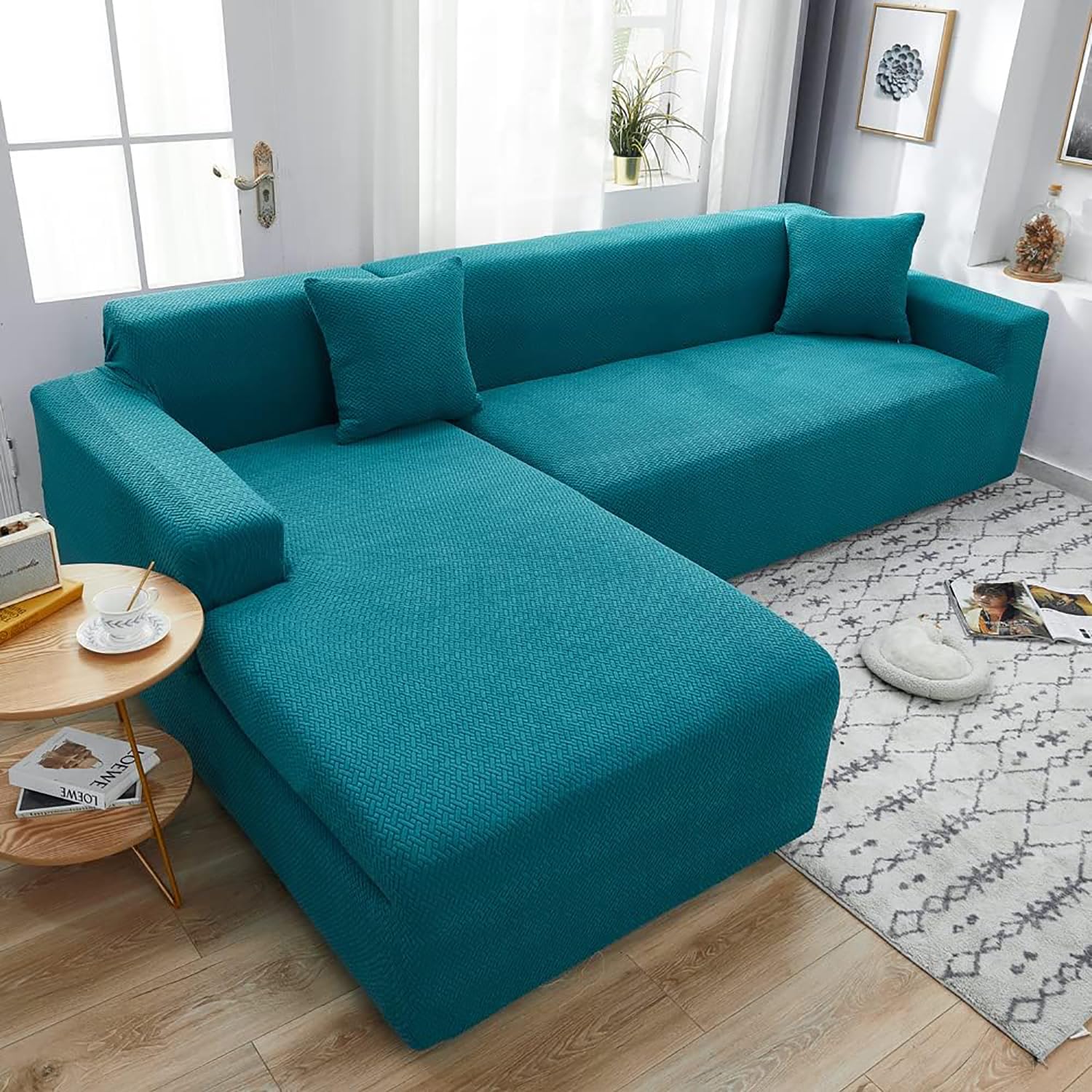 House of Quirk Universal Sectional Sofa Covers L - Shape Polar Fleece 220 GSM Slipcover 2pcs Stretch Elastic L-Type Chaise Sofa Couch Furniture Protector (Teal)-image-38