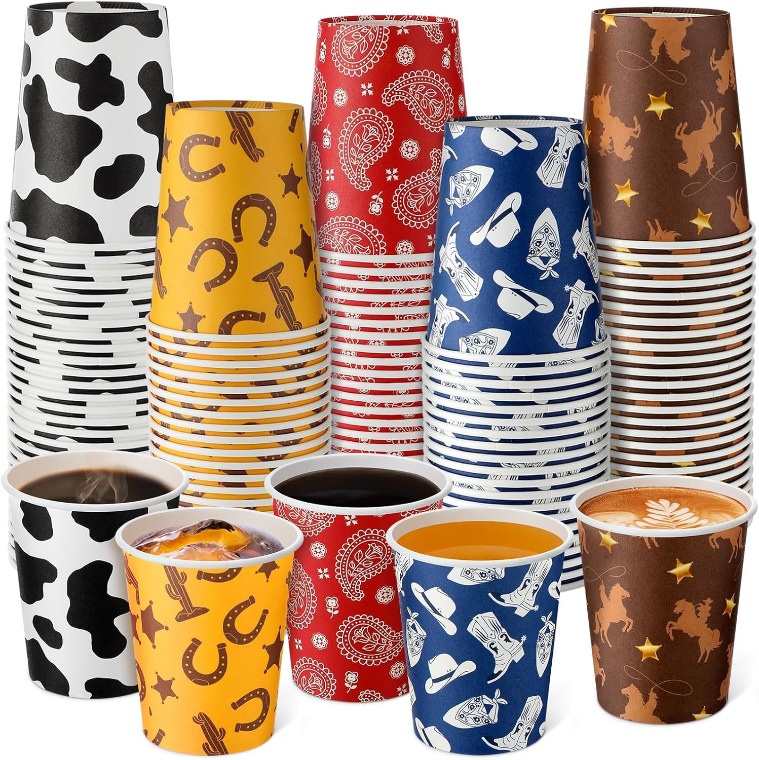 Yaomiao 200 Pcs Western Cowboy Party Disposable Paper Cups Bulk 9 oz Disposable Coffee Paper Cups for Western Cowboy Party Supplies(Cowboy)