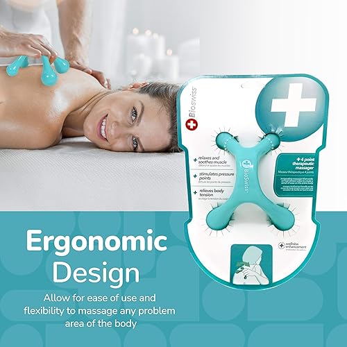 Miniatura 6 de BioSwiss Masajeador de cuerpo completo, herramienta de masaje de mano con punto de presión de 4 patas para masaje de espalda y cuello