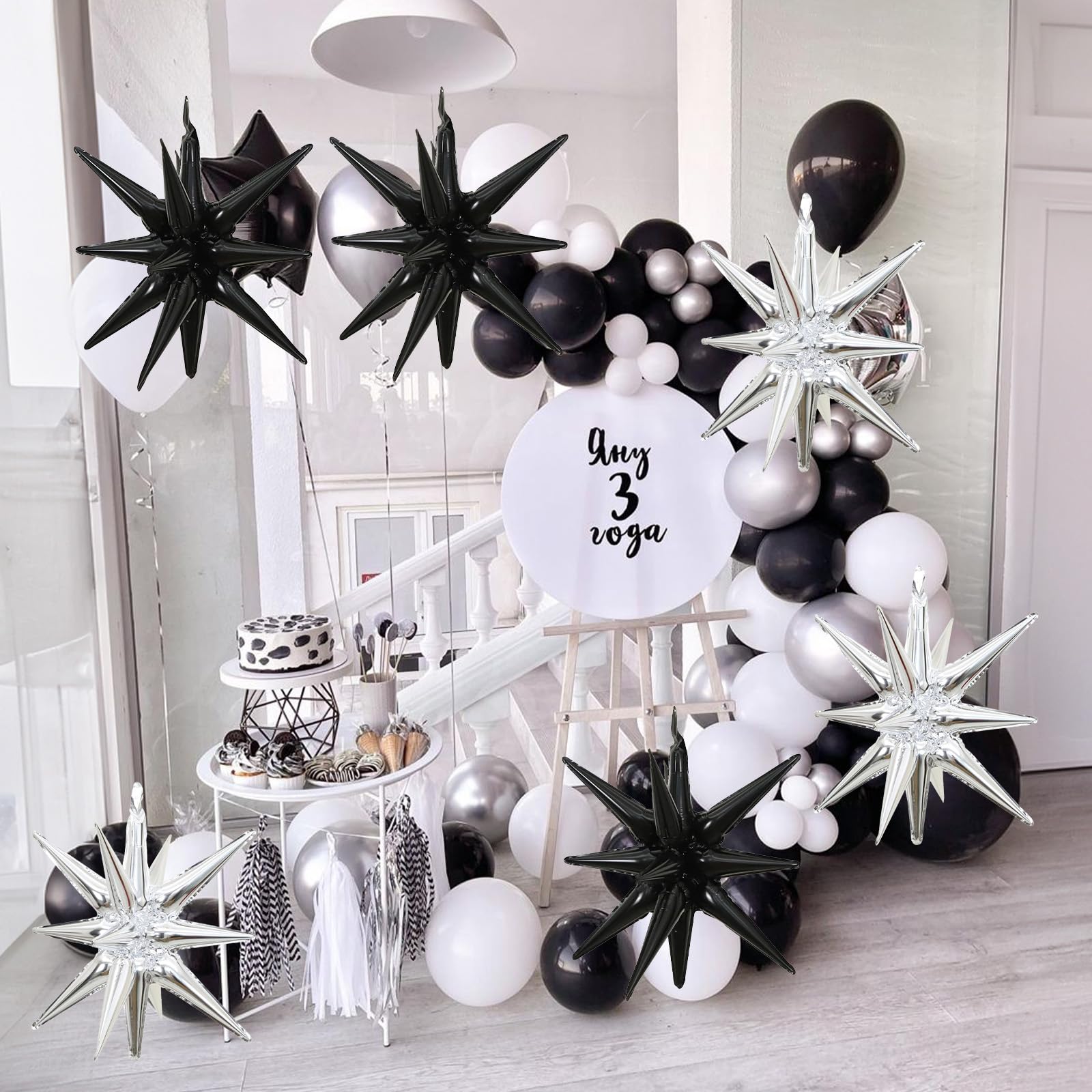 HILAVO Stern Ballons Schwarz Silber, 6 Stück 22 Zoll Groß HILAVO Stern Folienballons Foil Explodieren Stern Luftballons für Hochzeit Geburtstag Graduierung Silvester Party Deko