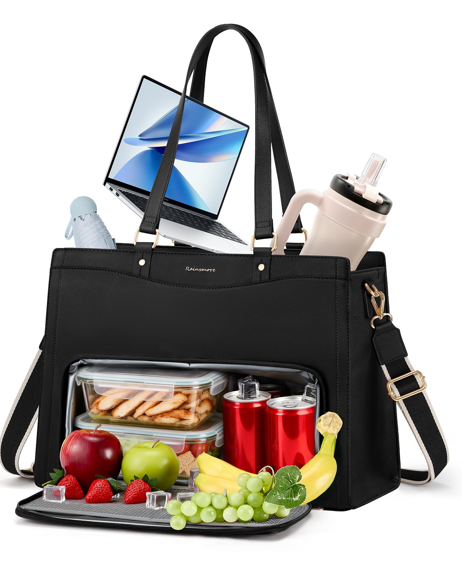 RAINSMORE Borsa Lavoro Donna Grande Impermeabile per Università e Ufficio | Borsa Porta PC da 15,6 Pollici con Scomparto Pranzo da 7.7L per Università e Viaggi d'affari Nero