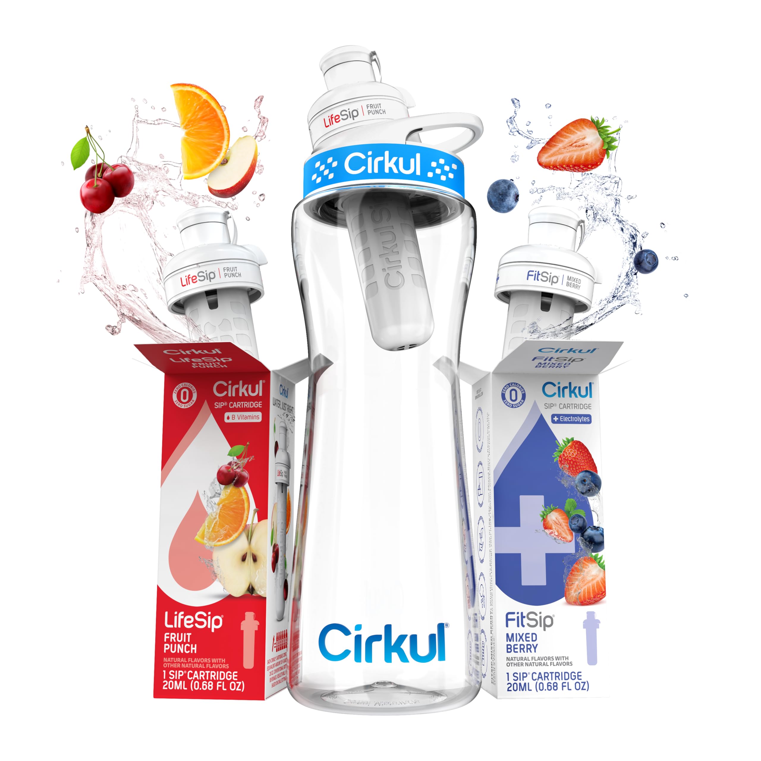 Cirkul22oz. BPA-Free Plastic Water Bottle Starter Kit with Blue Lid, 2 Flavor Cartridges (1 LifeSip Fruit Punch, 1 FitSip Mixed Berry) No Sugar, Zero Calorie Drink Mix