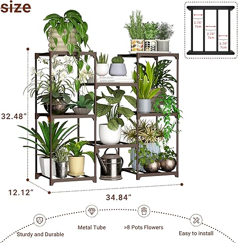Miniatura 6 de Soporte para plantas de interiores y exteriores, estante para plantas, 3 niveles, 8 macetas, soporte grande de metal para múltiples plantas, soporte