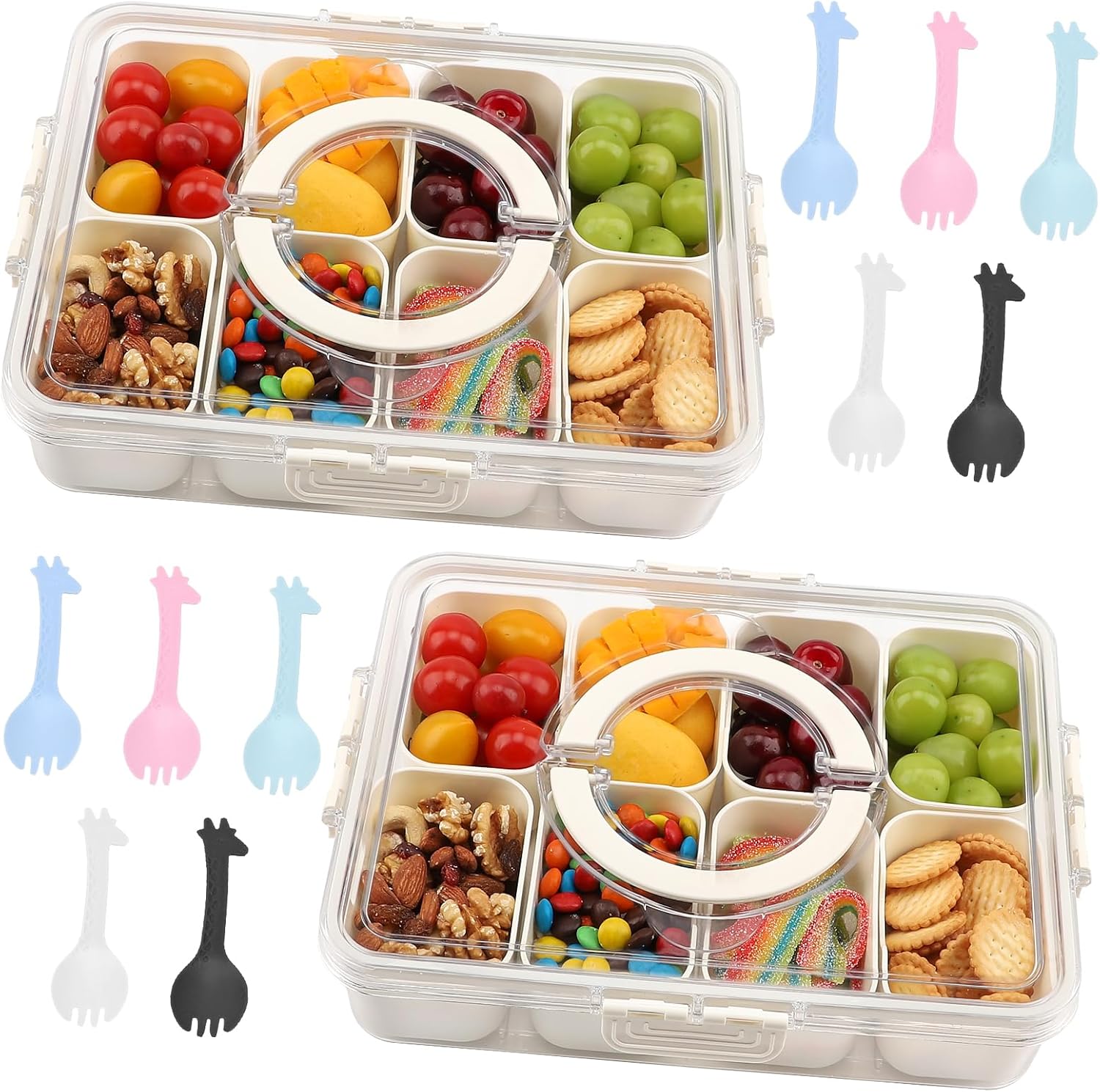 2 Pcs Divided Serving Tray with Lid and Handle, Snackle Box Charcuterie Container, Snack Container, Veggie Tray, Charcuterie Boxes, Clear Organizer for Candy, Fruits, Nuts, Snacks - Perfect for Party