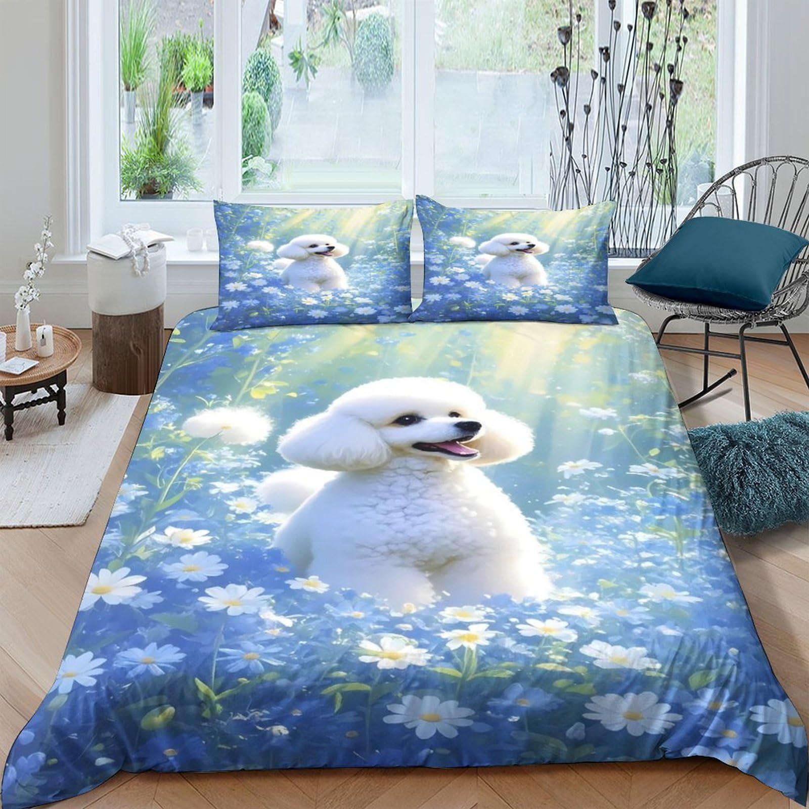 P5V6M1Q9 3D Printed White Poodle Floral Duvet Cover Set Microfiber Soft Breathable Blue Meadow Quilt Cover with 2 Pillowcases for Bedroom Decor Single（135x200cm）