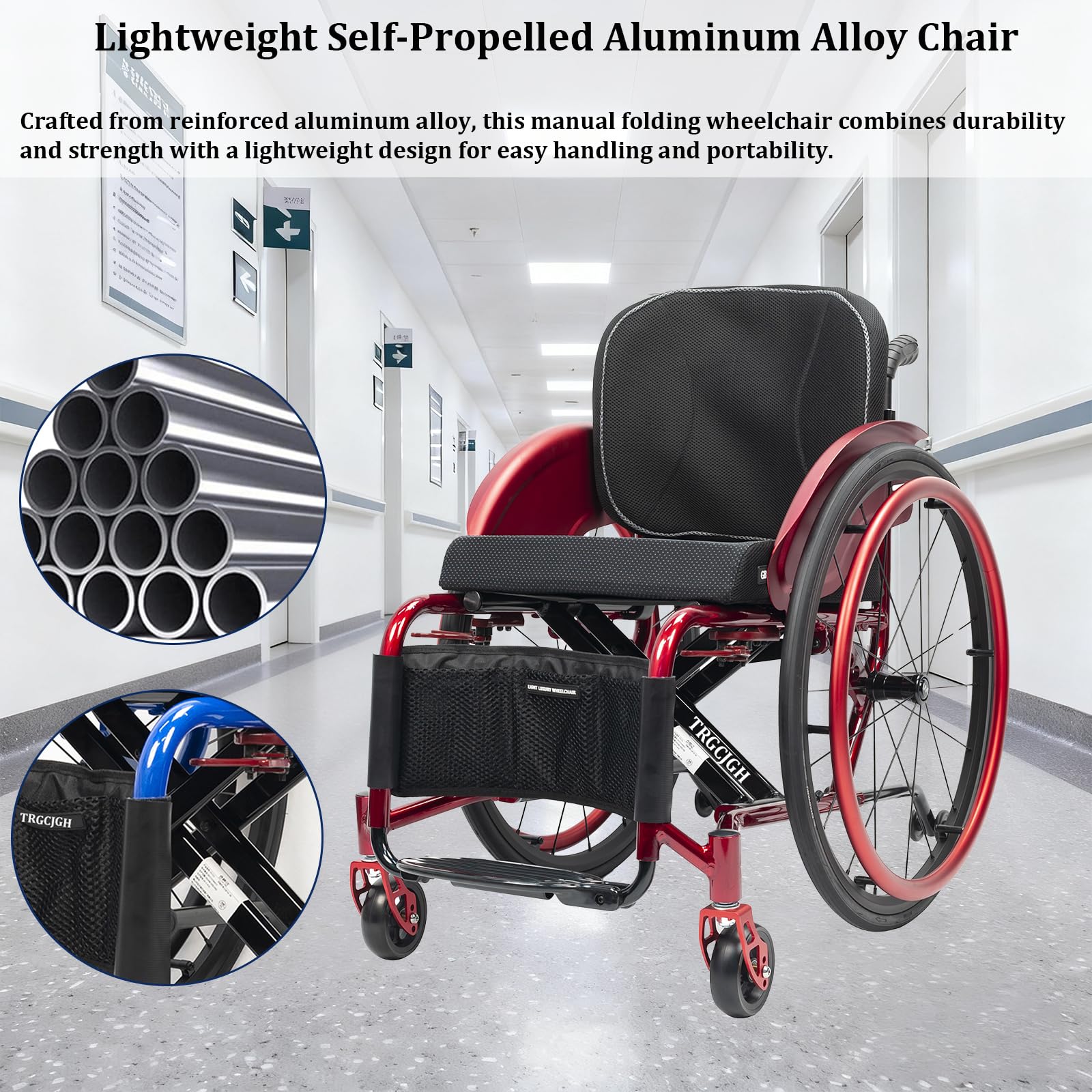Sedia A Rotelle Reclinabile Pieghevole, Alluminio, Cintura di Sicurezza, Sgancio rapido, Freno Manuale,Poggiapiedi Pieghevoli(42cm/16.5in Seat,Red)