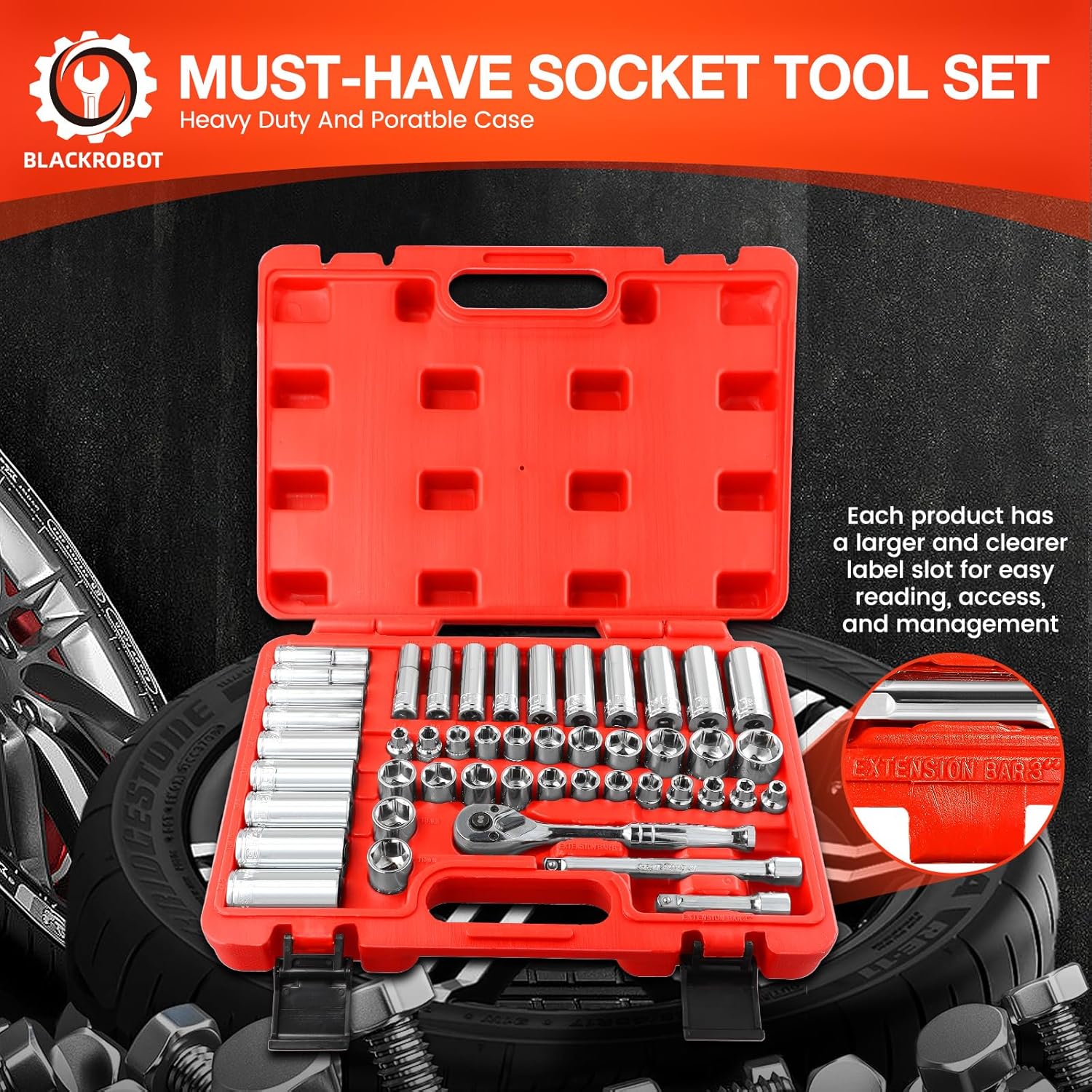 BLACKROBOT 47-Piece 3/8" Drive Socket Wrench Set, Standard SAE (1/4-7/8 inch) & Metric (6-19mm), Shallow & Deep Sockets, Include Ratchet Wrench, Extension Bars