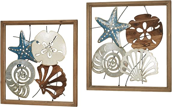 Coastal Medley Seashell Openwork Wall Art Earth Tones 20" square Set of 2