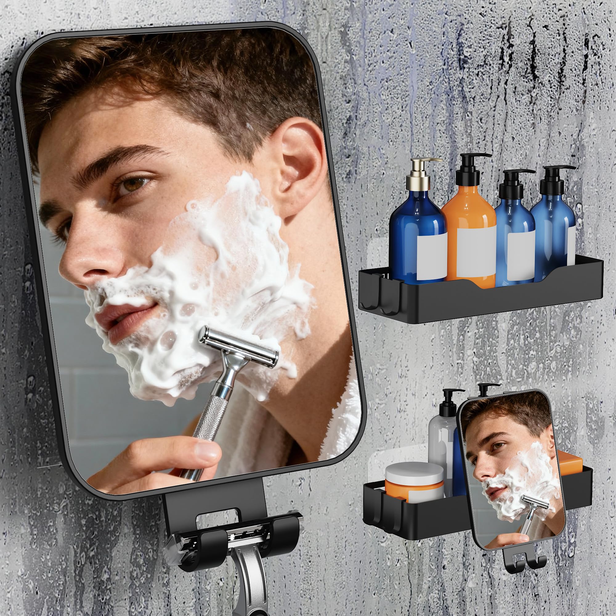 Daoun Shower Caddy Adhesive Rustproof Shower Organizers with Removable Anti-Fog Mirror and Hooks 2 Pack Large Capacity No