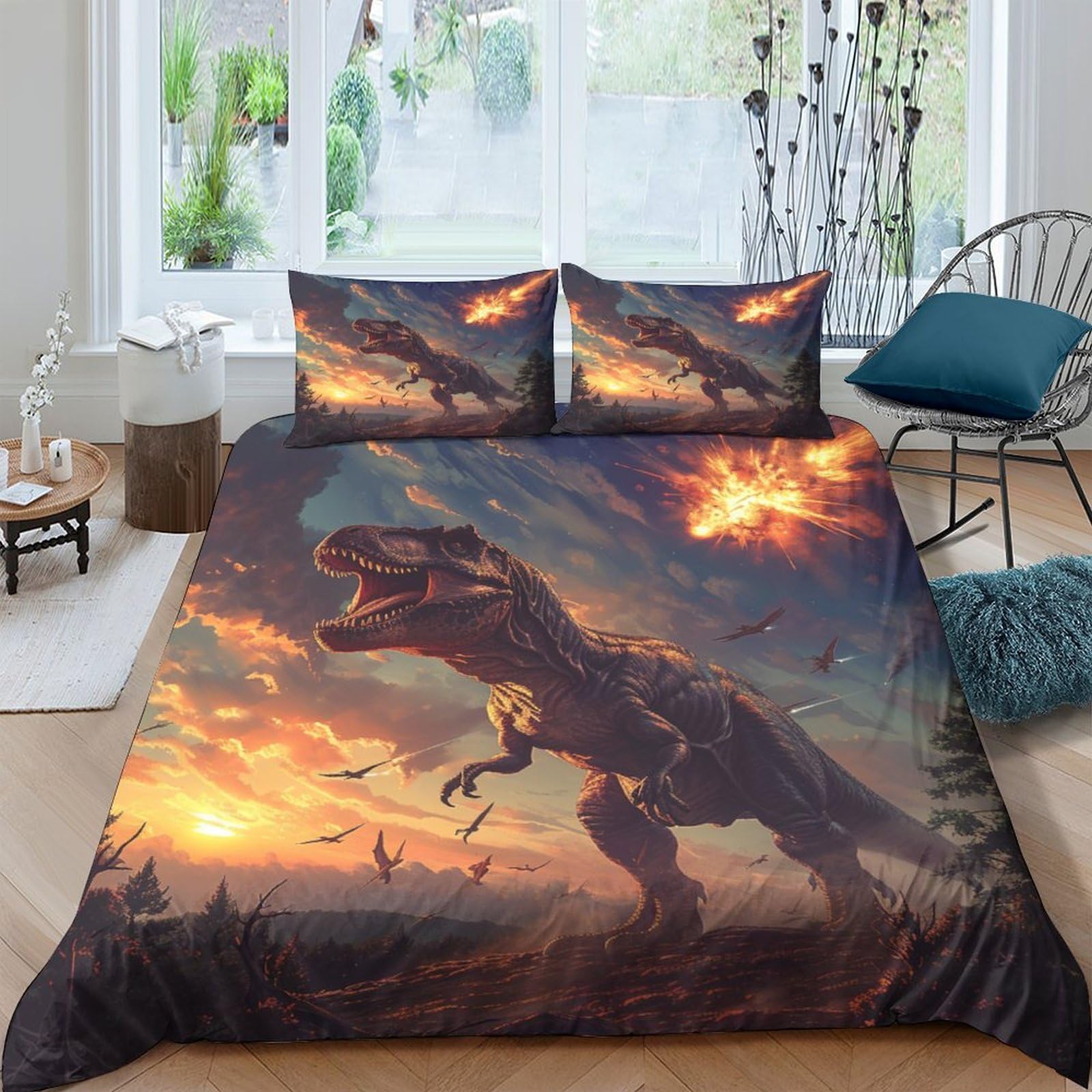 Housse de couette dinosaure 3D parure de lit microfibre King pour enfant