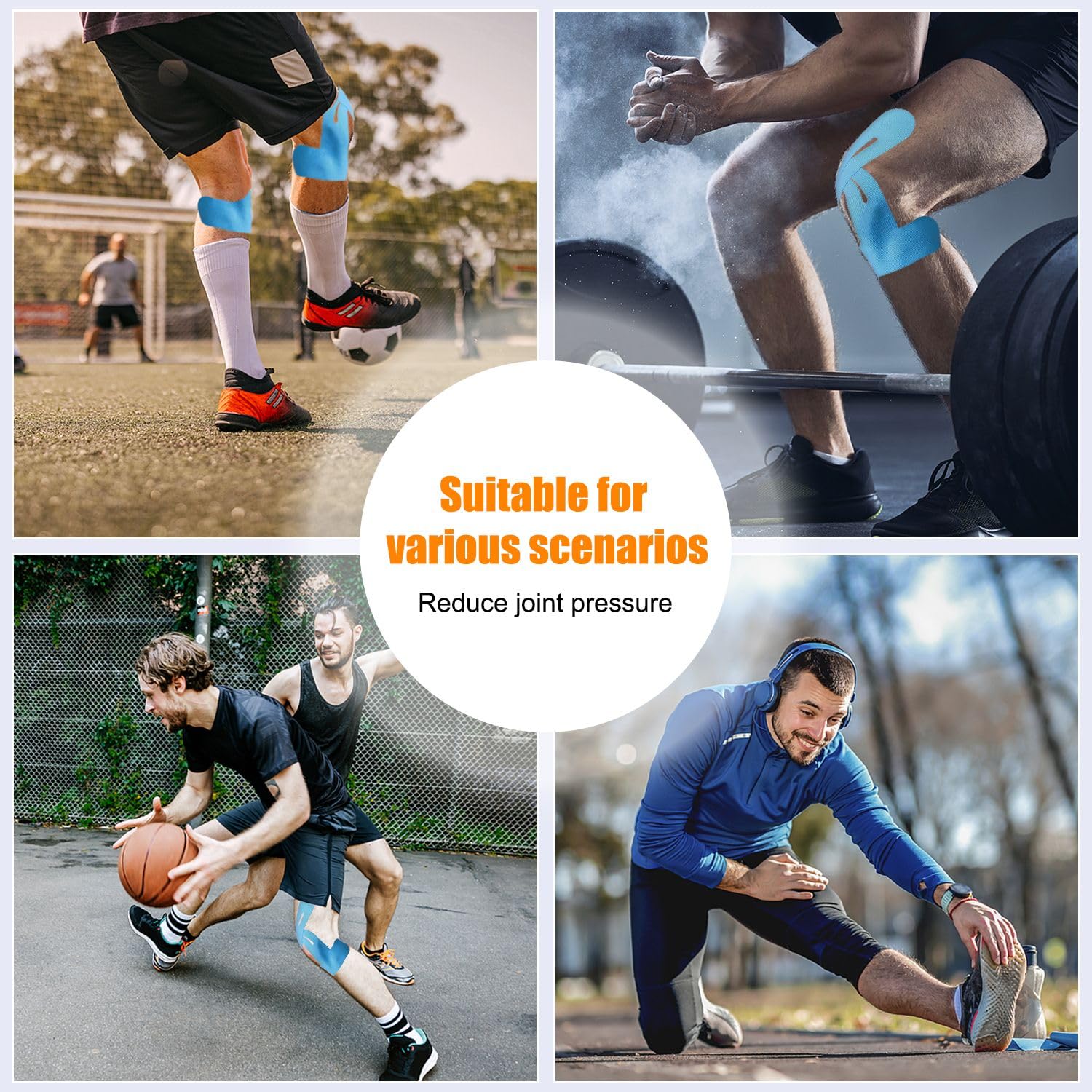 Vorgeschnittenes Kinesiologie-Tape für Knie, 12 Stück, elastische Kniestütze und Stabilität, Schmerzlinderung, wasserdicht, atmungsaktiv, hypoallergen, athletisches Tape