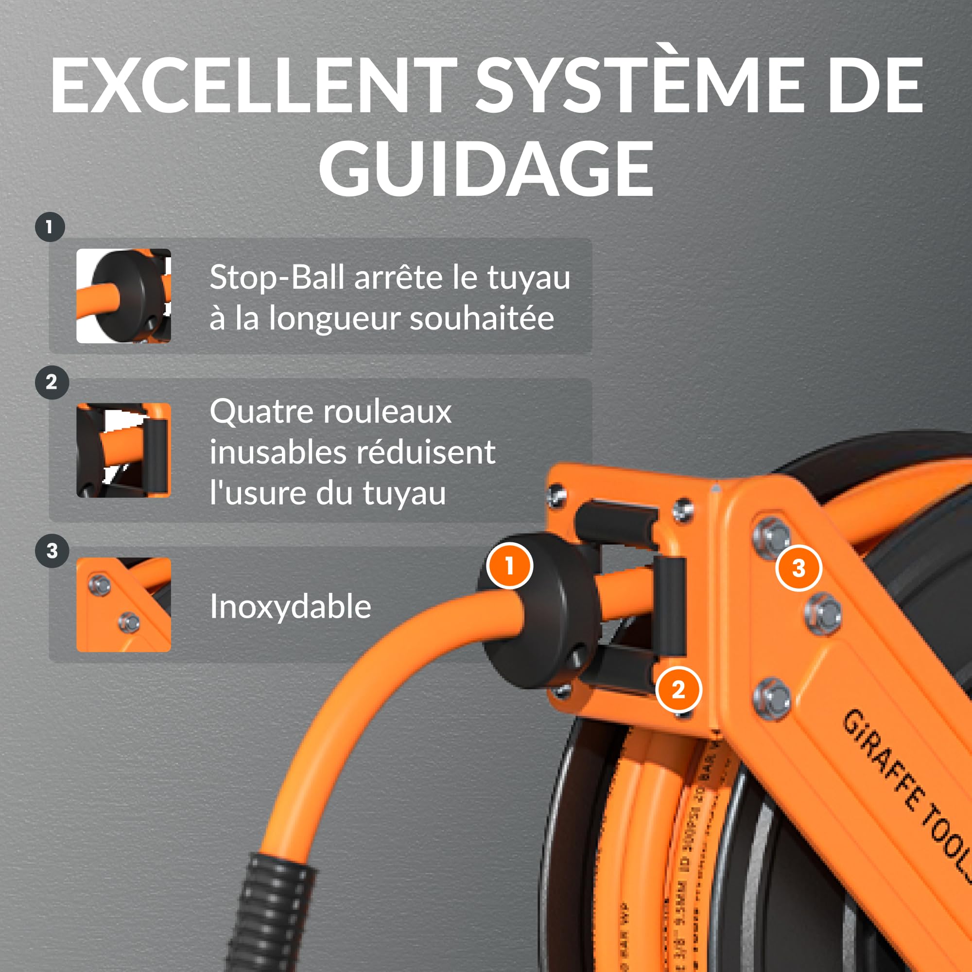 Giraffe Tools Enrouleur Tuyau Air Comprimé 15m+1m, Mural Enrouleur de Tuyau d'Air Comprimé avec tuyau air hybride 3/8", 20Bar/300PSI, Rétractation Automatique, Raccord en Laiton 1/4"