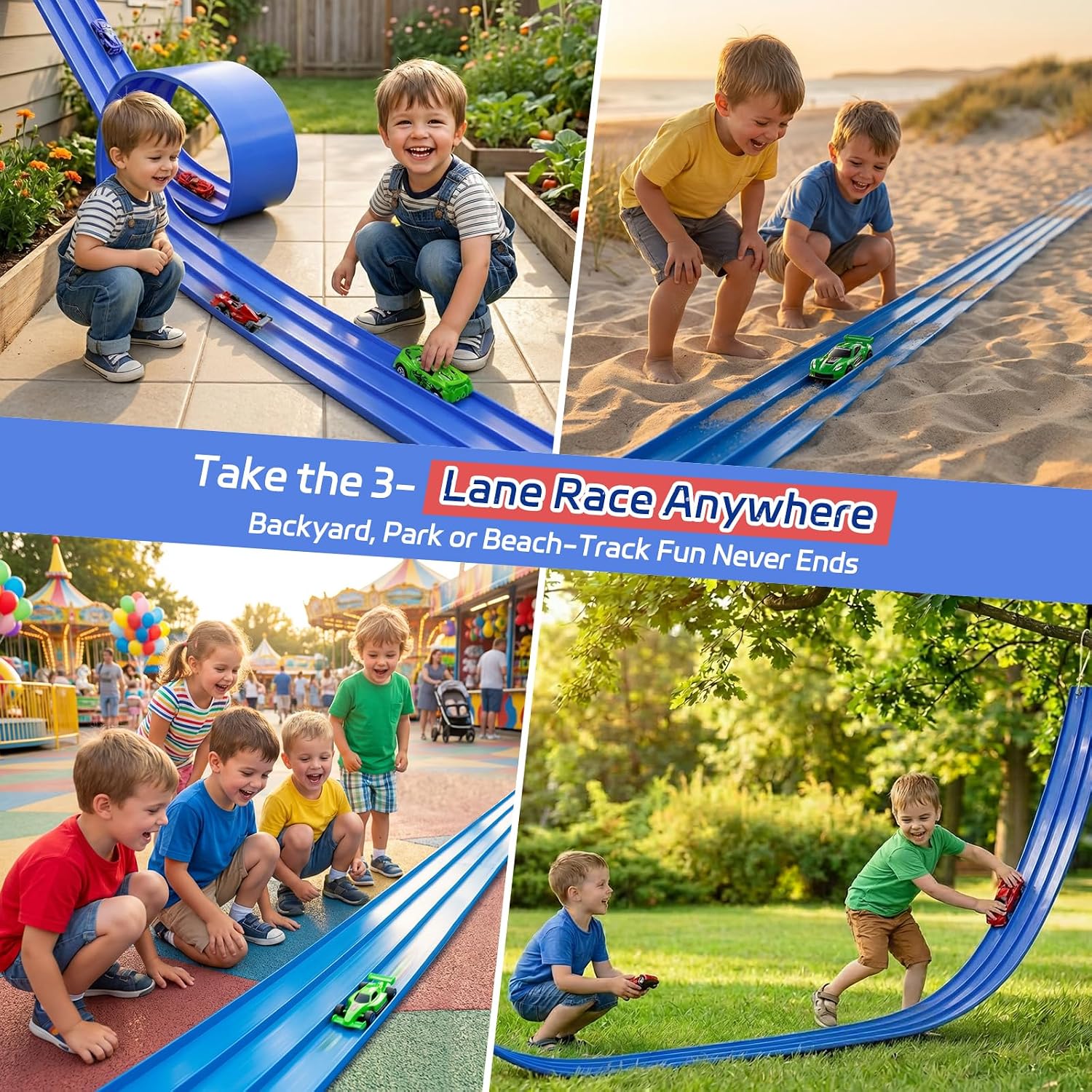 3-Lane Flexible Race Track Toy Set - 16.4 Ft DIY Racetrack with Strong Suction Cups, Portable Roll-Up Car Track for Kids Compatible with 1/64 Diecast Cars