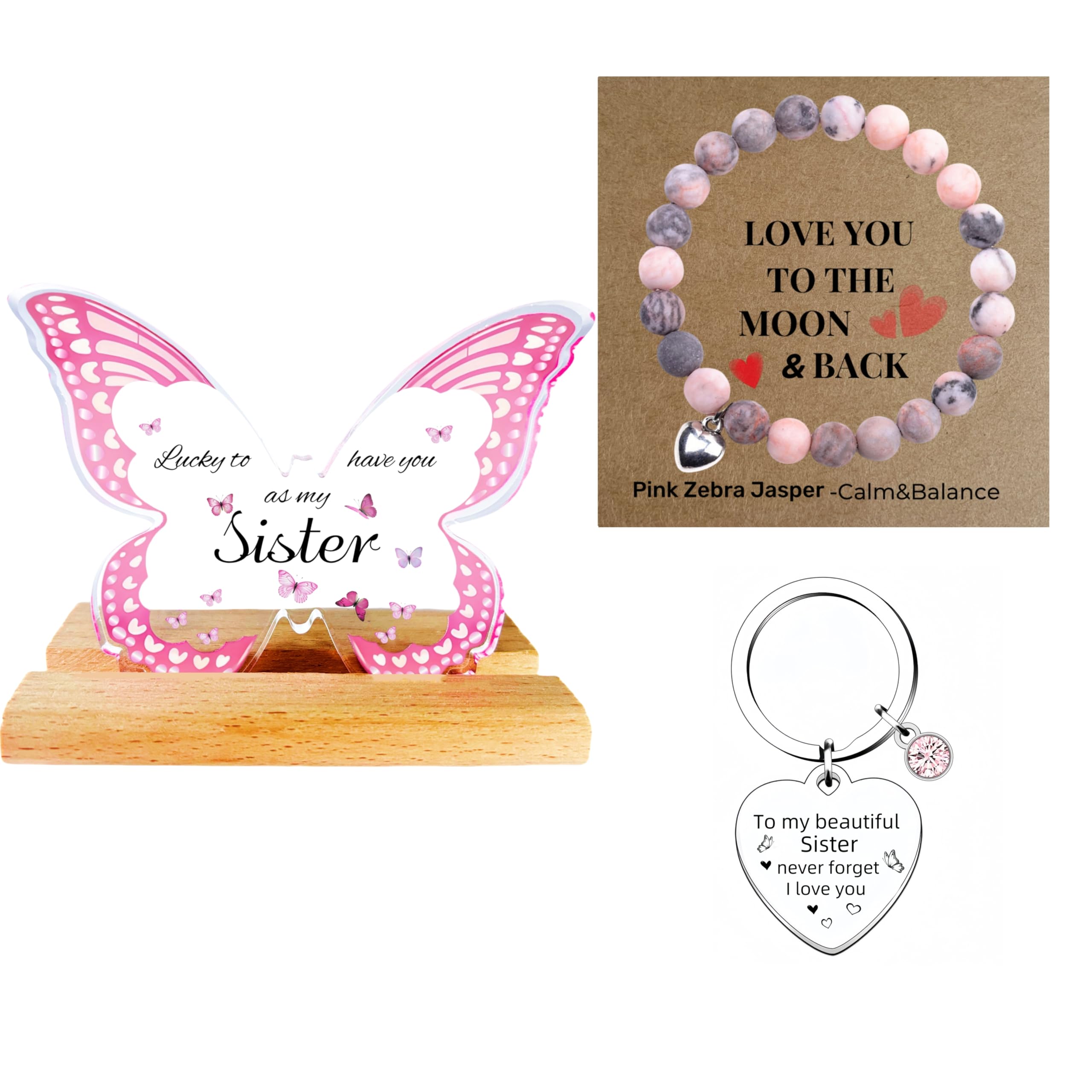 Trcousoa Pink Meaningful Sister Gift Set - Heartfelt Sister Birthday Gifts, Love You To The Moon & Back - Acrylic Display And Zebra Jasper Piece