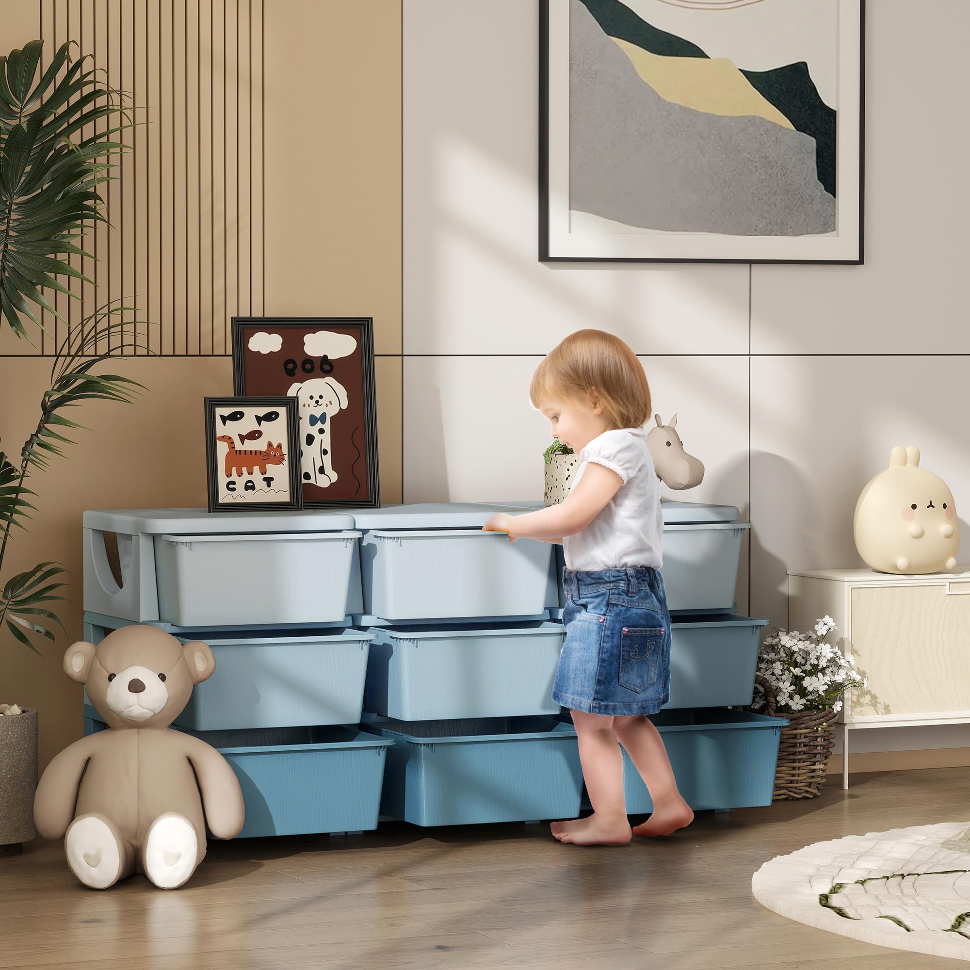 HOMCOM 9 tiroirs plastique 3 niveaux coffre à jouets Bleu