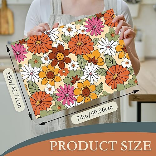 Miniatura 2 de Tapete de secado de platos retro de los años 70, 18 x 24 pulgadas, tapete de secado de platos bohemio de margaritas para encimera de cocina,