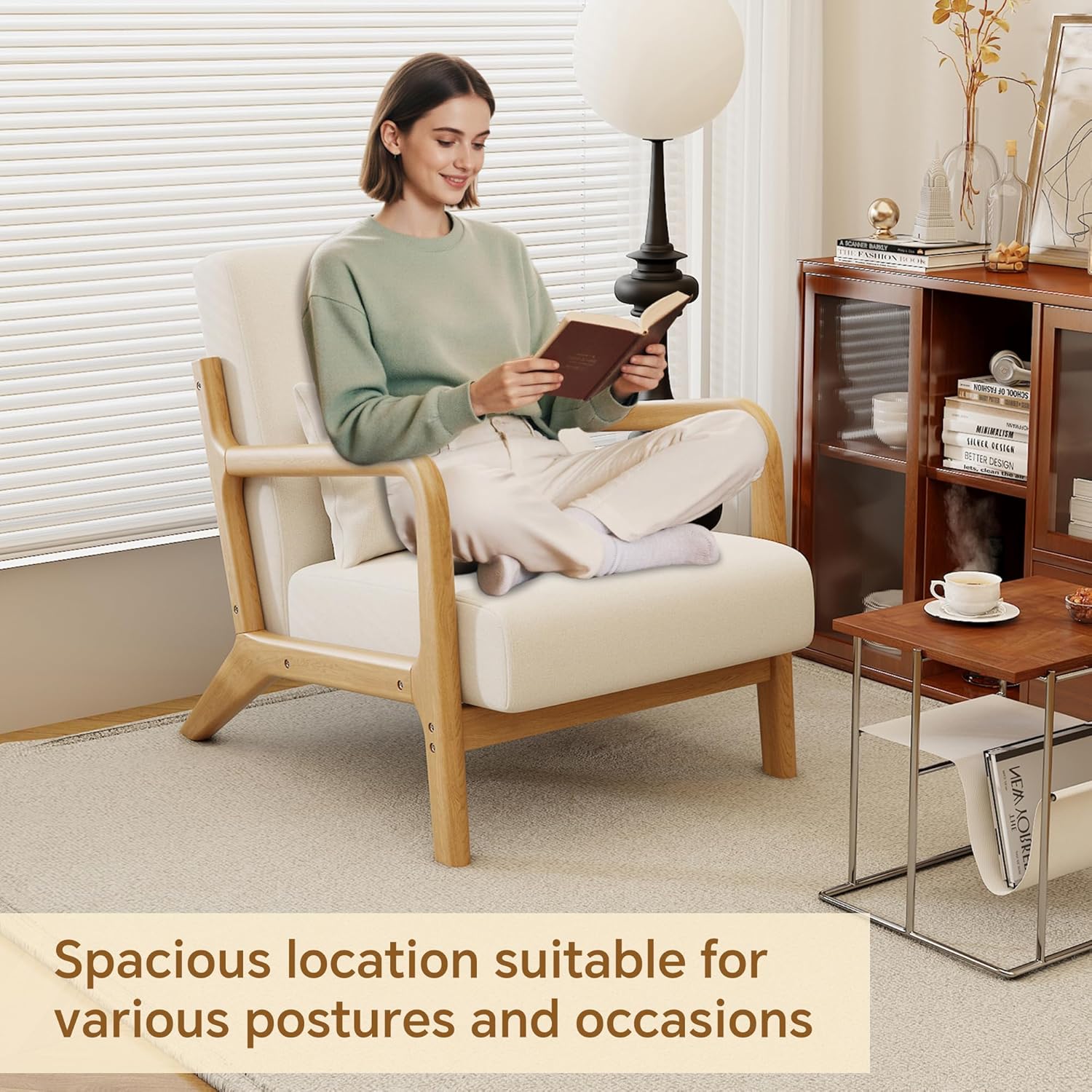 Solid Wood Accent Chair Mid-Century Modern Lounge Armchairs, Fabric Upholstered Soft Comfy Living Room Chairs with Armrest Waist Cushion Pillow for Office Reading Waiting Room (Off-White)