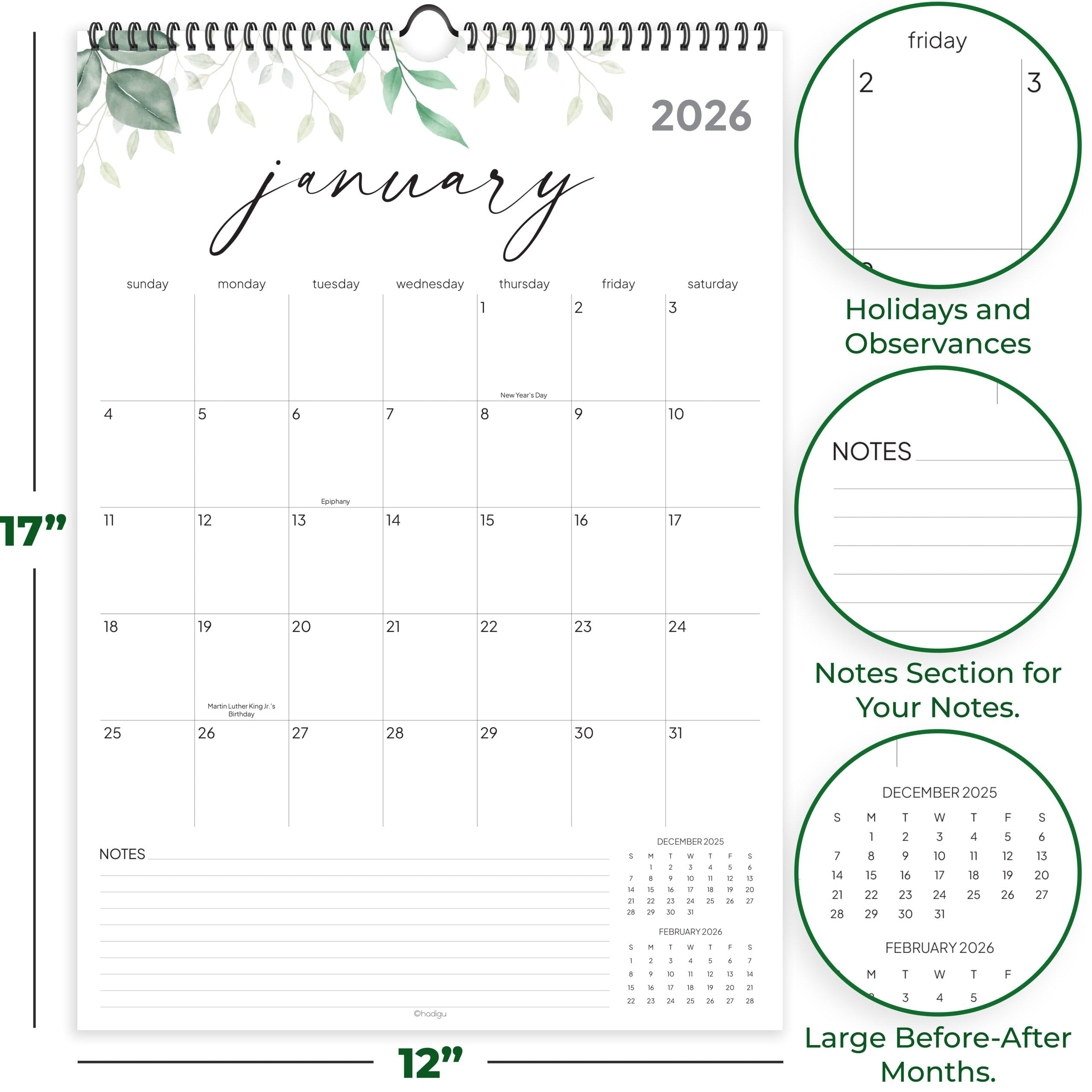 Wandkalender 2026-2027, 18 Monate, läuft von Januar 2026 bis Juni 2027, 43,2 x 30,5 cm, großer Wandkalender mit Aufhänger, dickes Papier, Spiralbindung, weiches grünes Design