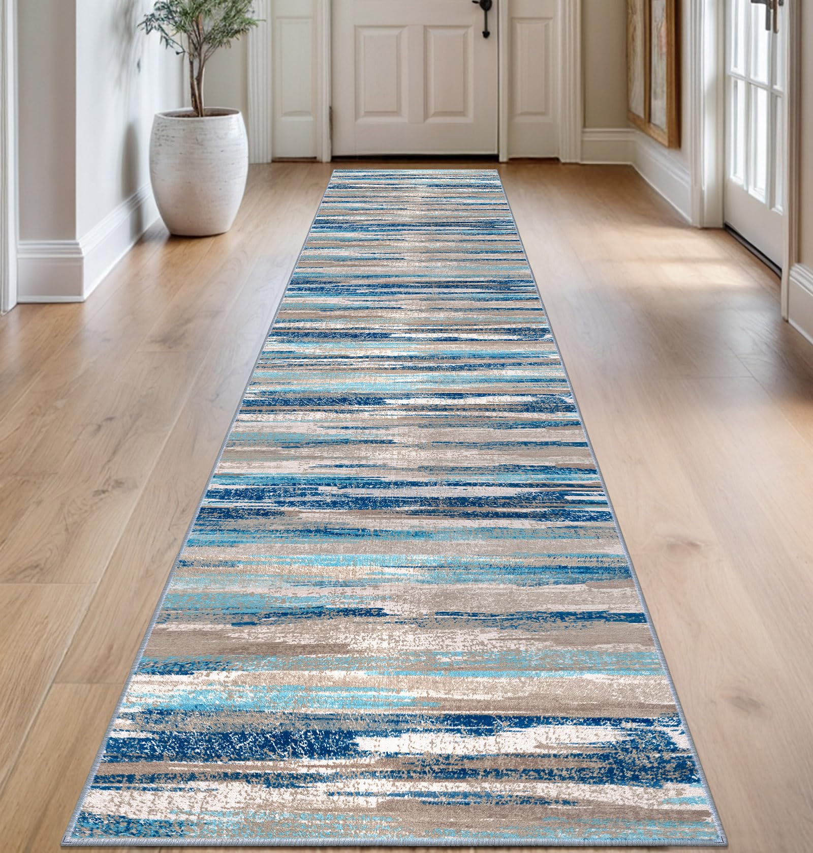 Lansny Modern Abstract Runner Rug 2.6x14, Blue Washable Long Kitchen Runner Non-Slip Soft Hallway Rug Runner Thin Print Faux Wool Carpet for Entryway