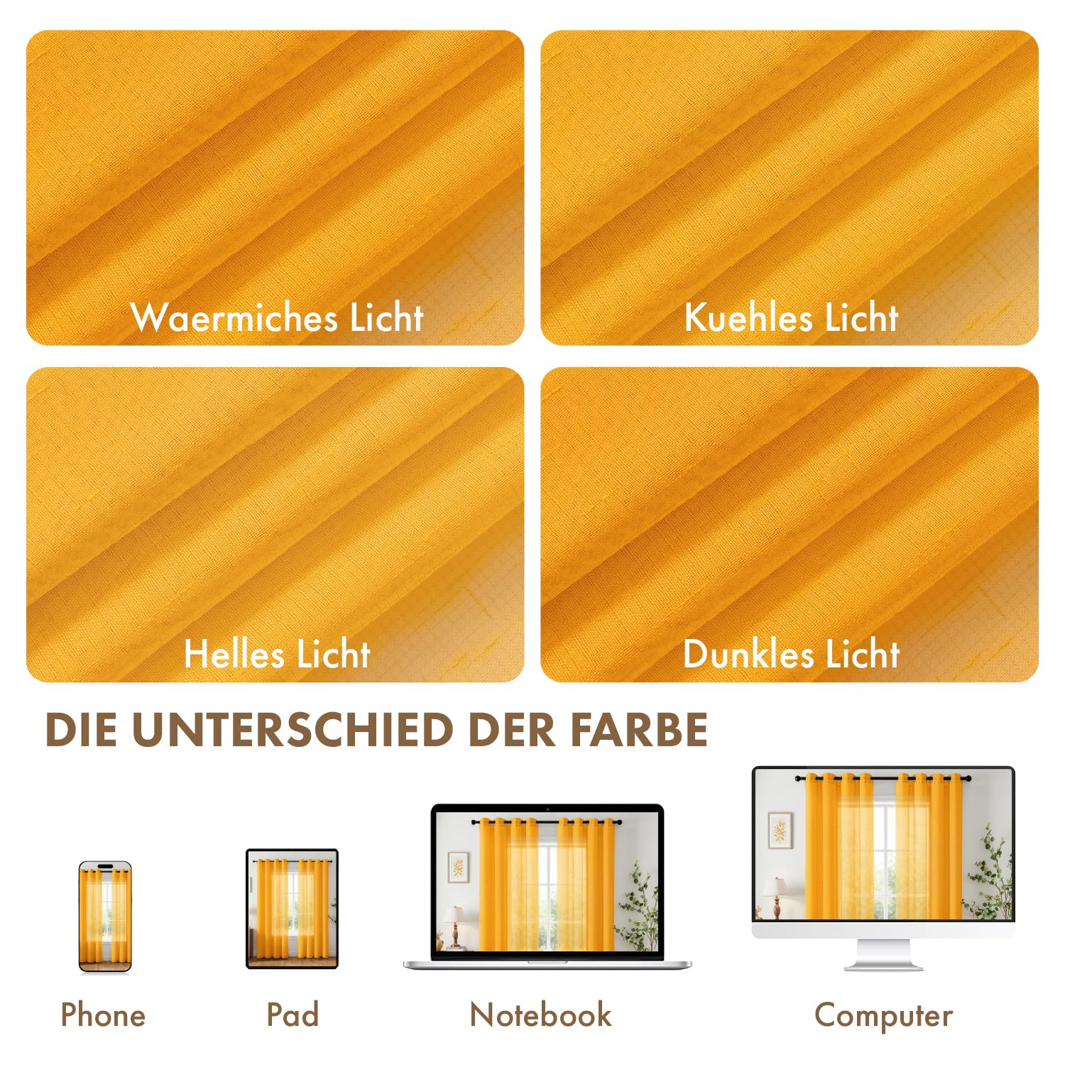 Woaboy Tende Trasparenti con Occhielli 2 Pezzi 140x260 cm Giallo brillante | Tende per Interni in Leineoptik Effetto Lino Filtro Luce e Privacy per Soggiorno e Camera da Letto