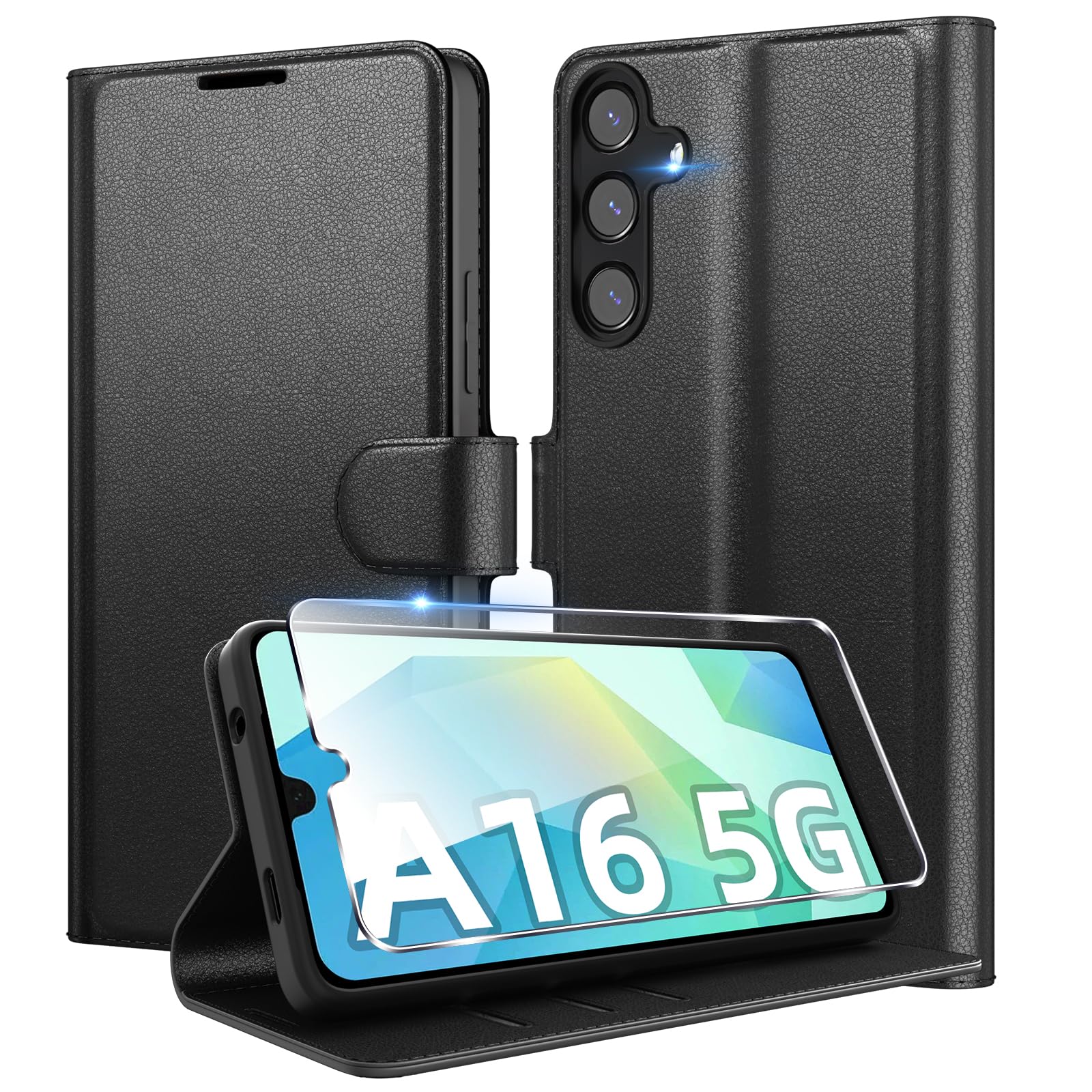 Eirltiy Cover per Samsung Galaxy A16 5G/4G Portafoglio Pelle PU Premium, Custodia Scomparti Carte Antiurto Protettiva Case con 1 Vetro Temperato, Nero