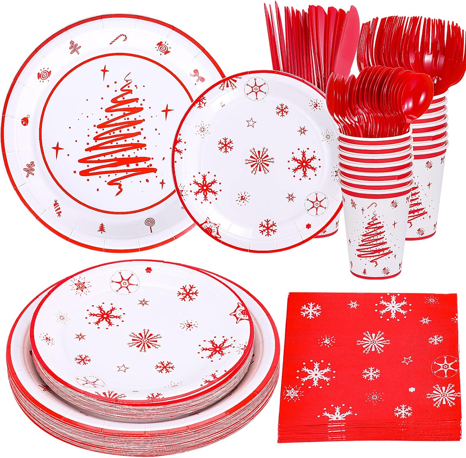 Decodinli Christmas party decorations, Christmas Disposable Plates, Cups and Napkins, Christmas Themed Party Supplies, Christmas Decoration Tableware Set Serves 25 Christmas red