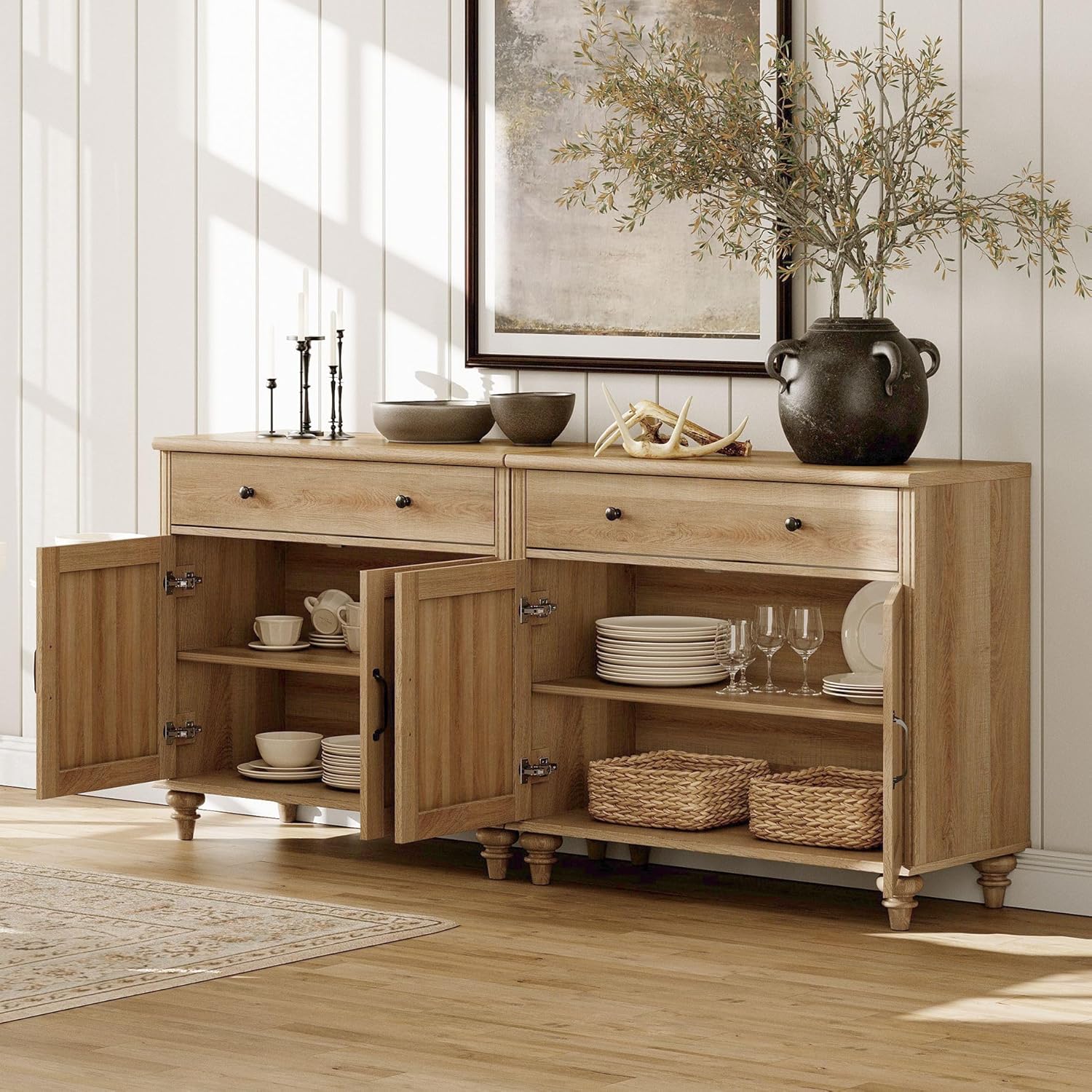 WAMPAT Home Office Furniture Set, 56'' Executive Desk with Charging Station, 72" Tall Bookcase with 4 Doors and 2 Drawers, Wood Computer Desk with File Cabinet Storage, Open Shelf, Oak