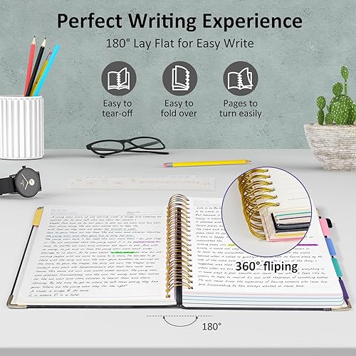 Miniatura 4 de Cuaderno en espiral de tapa dura, cuadernos B5 grandes de 8 x 10 pulgadas con pestañas divisorias extraíbles, 300 páginas de cuero de 5 materias,