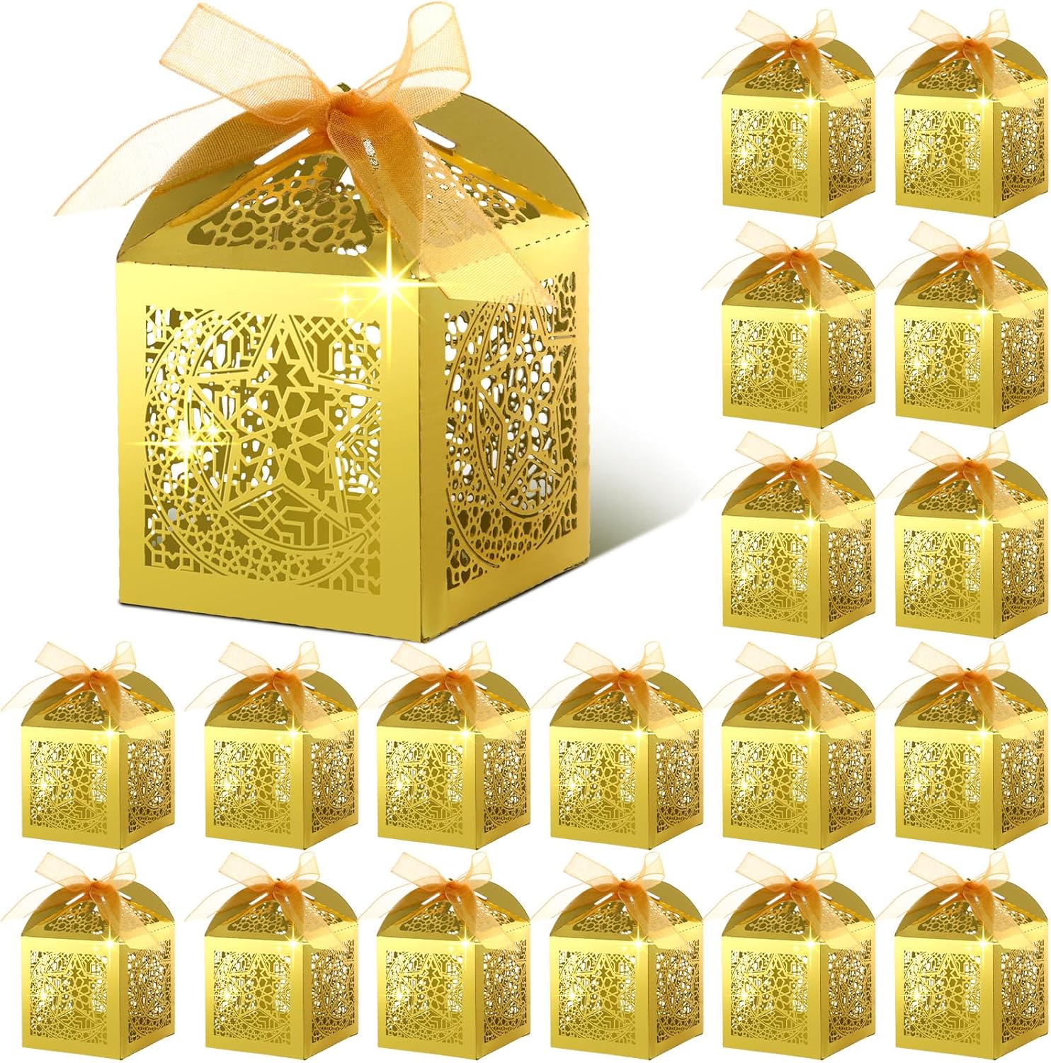 ReliThick 50 Pcs Ramadan Eid Mubarak Candy Box Set Ramadan Gift Boxes with Ribbons Muslim Party Favor Boxes Paper Thank You Gift Box for Eid Islamic Party Birthday Decorations(Star)