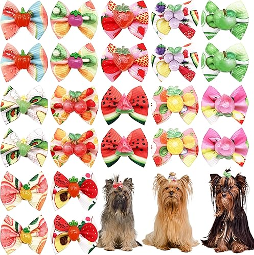 JpGdn 24 piezas12 pares de lazos para el pelo de perro con banda de goma, patrón de fruta hawaiana de verano para niñas, hembra, gato, conejo,