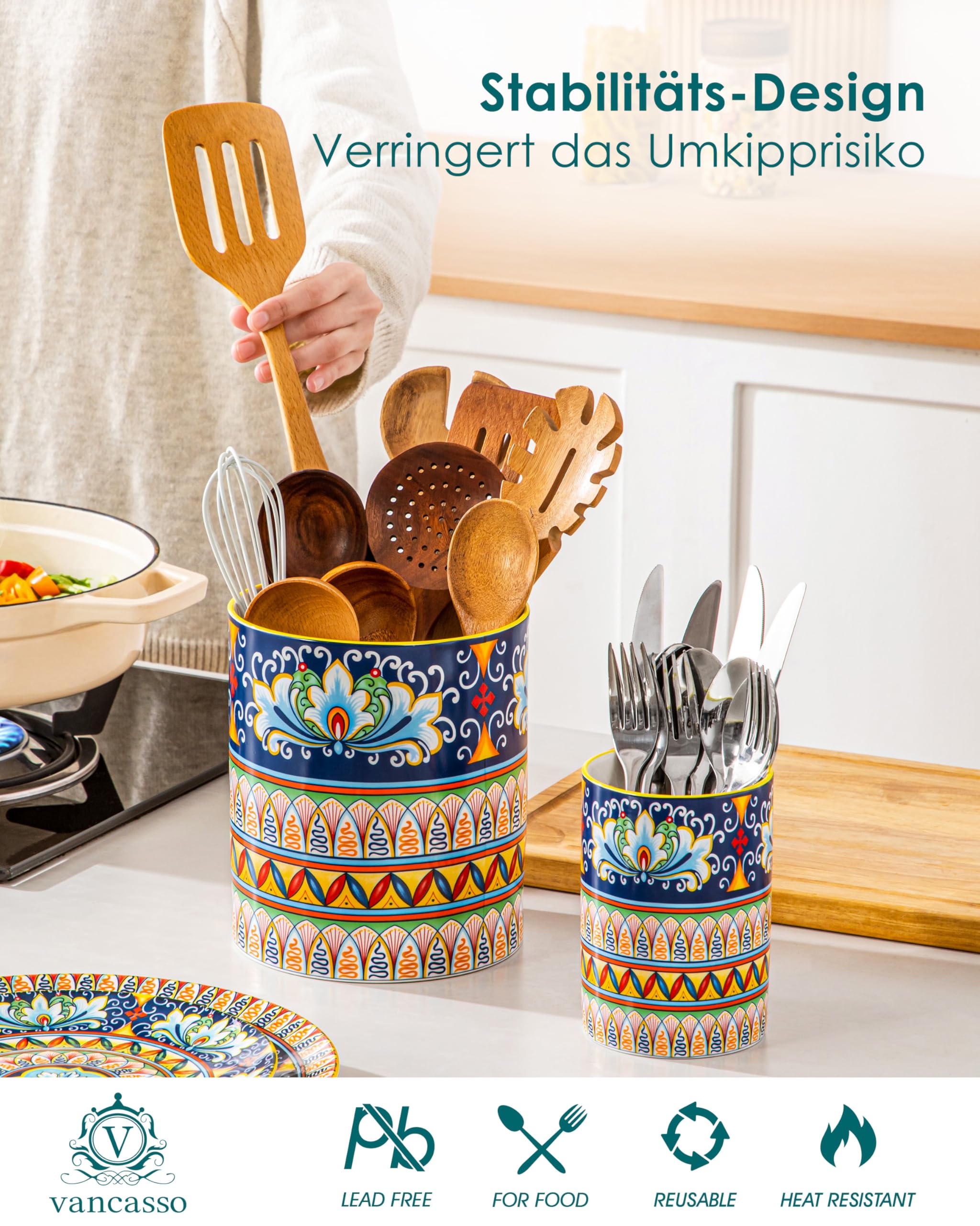 vancasso 2-tlg Küchenutensilienhalter, 18,6 cm + 14 cm Keramik Utensilienhalter im Boho-Stil, Behälter für Küchenutensilien, Kitchen Utensil Holder für Spatel & Löffel, Zenit-Harmonie
