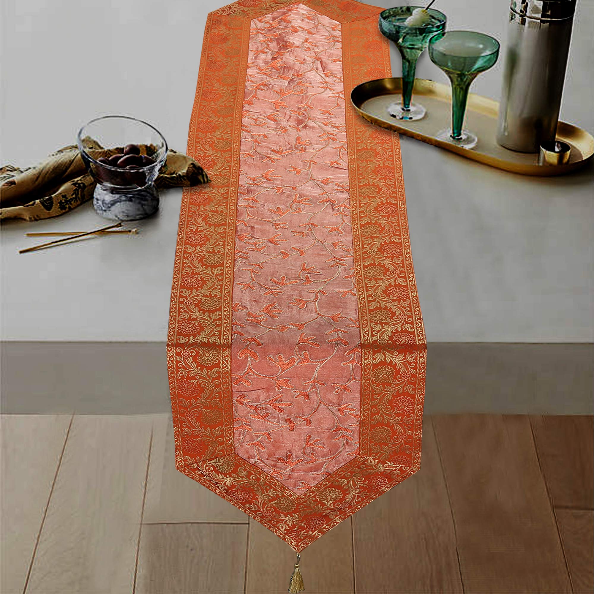 E - Ezra Ari Zari Embroidery Table Runner for ining Table 6 Seater 72IN Indian Satin Traditional Long Runner Up with Tassels Tablecloth for Room & Runner (Peach)