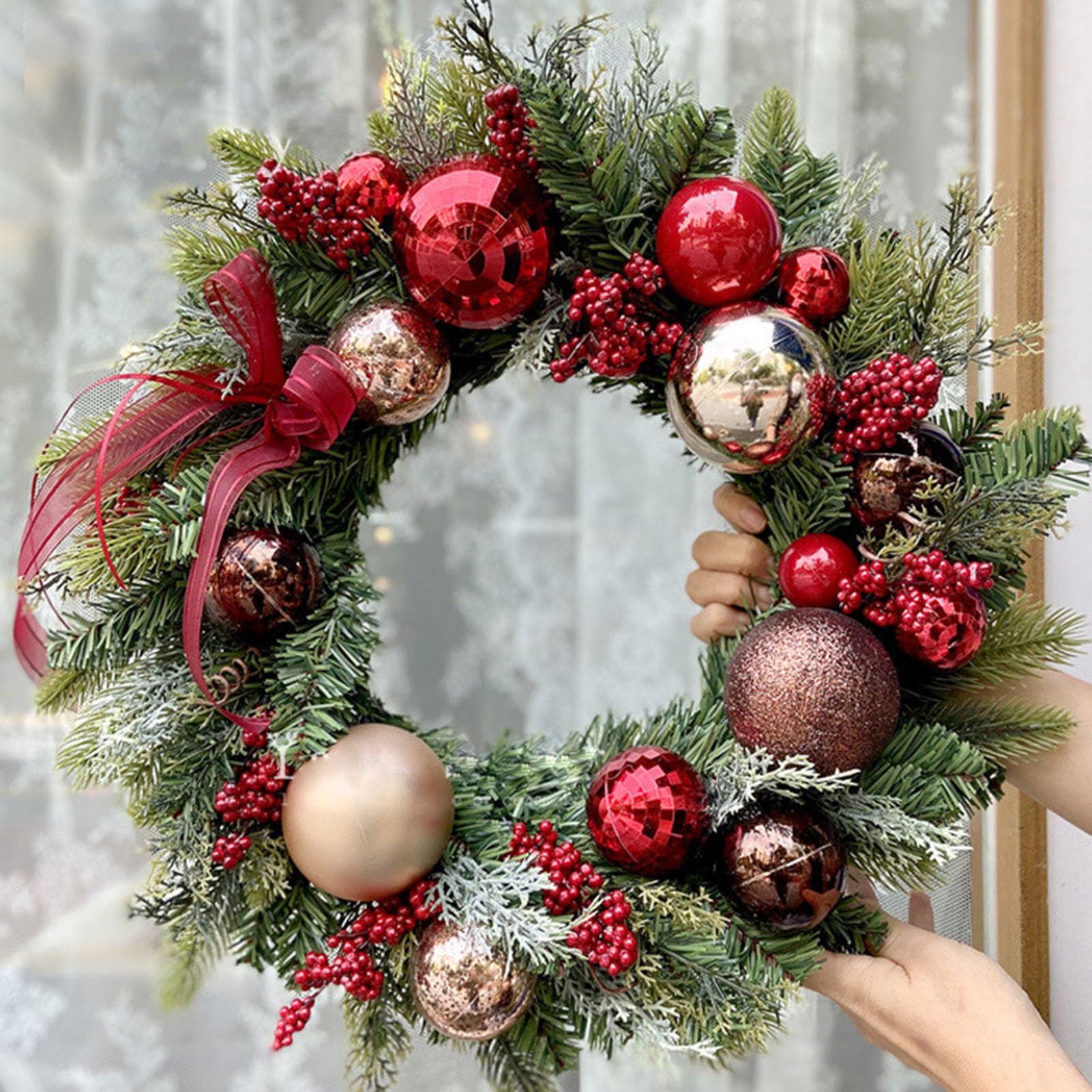 Couronne De Noël Hivernale Avec Baies Rouges - 30x27 Cm - Pour Porte, Fenêtre Ou Intérieur - Déco De Fêtes