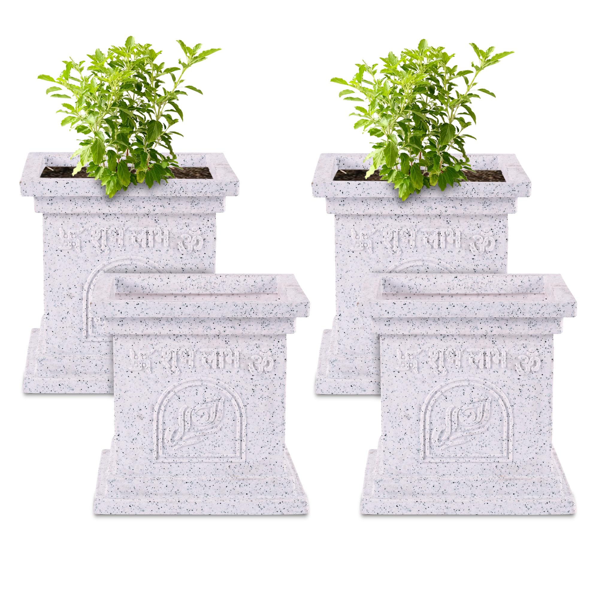 Heart Home Pack of 4 Plastic Tulsi Mancha For Home | 12 Inch Tulsi Gamla/Planter Pot for Home Decor, Balcony & Garden | Marble Design-White