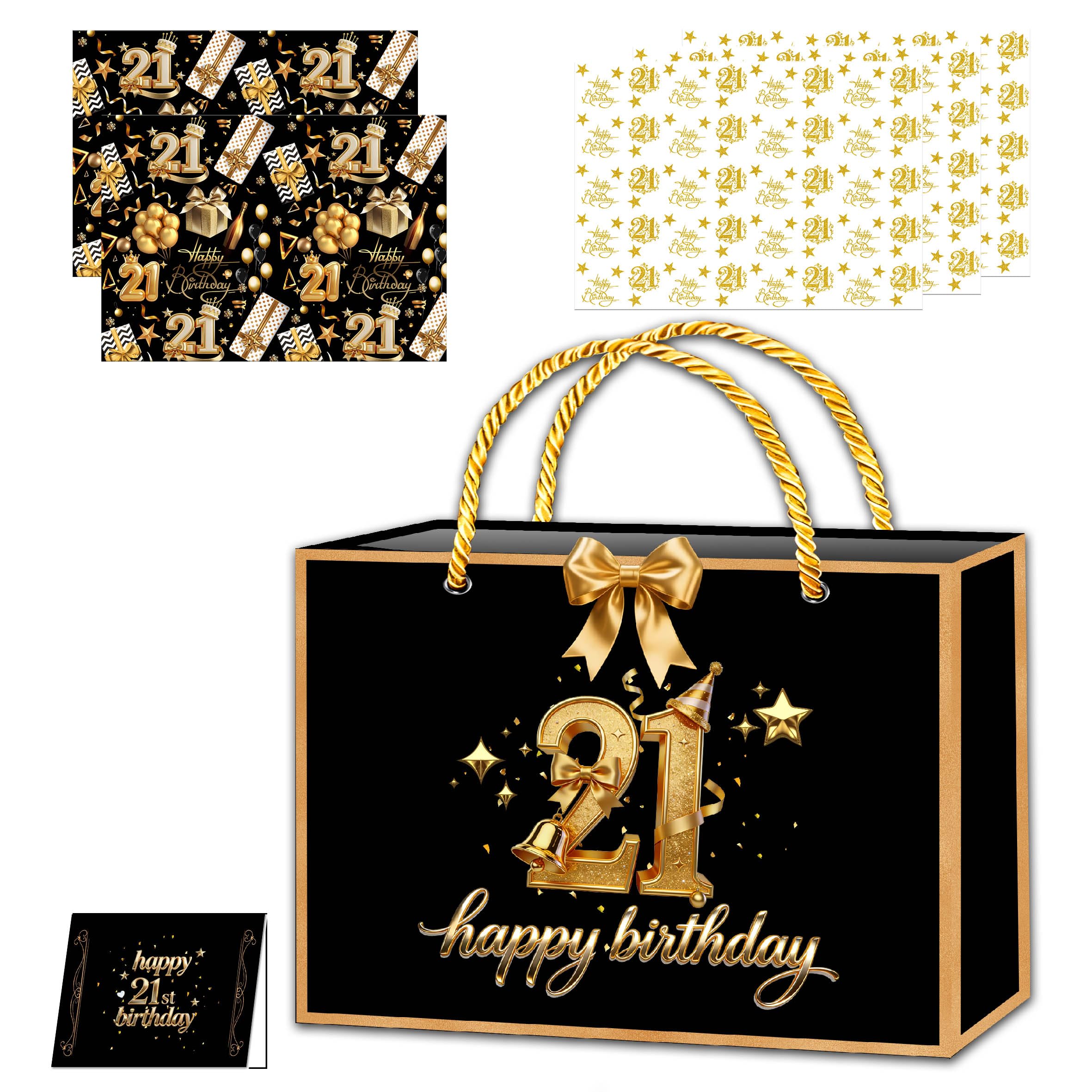 Black Gold 21st Birthday Gift Bag with Handles, 21st Birthday Gift Bag 21stBirtday Wrapping Paper,Tissue Paper,Ribbon and Birthday Card for Girls Women Birthday-Gifts Wrapping
