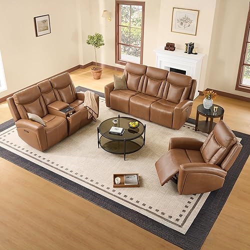 Miniatura 9 de CHITA Sofá reclinable eléctrico de cuero genuino, sofá reclinable de gravedad cero con reposacabezas y consola eléctrica, soporte para tazas,