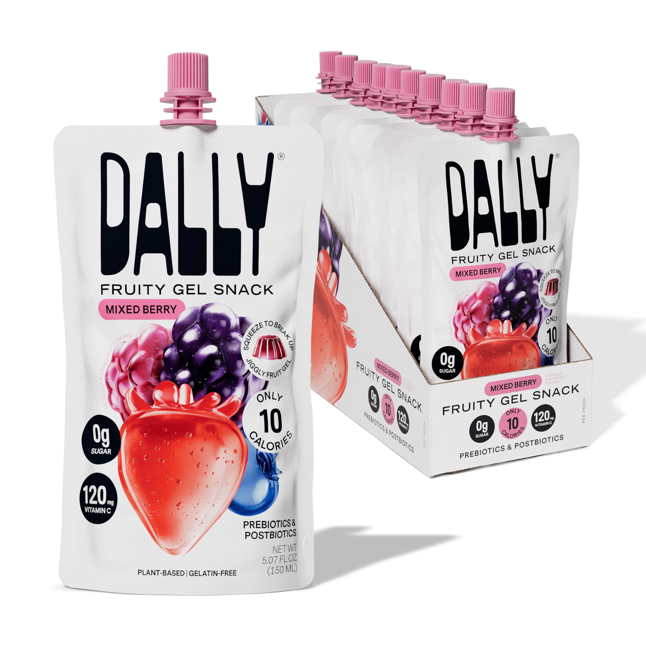 DALLY Mixed Berry Konjac Jelly Pouch (10 Pack) - Plant Based, Zero Sugar, Low-Calorie Jellified Fruit Snack - Vitamin C & Prebiotic Postbiotic Blend -