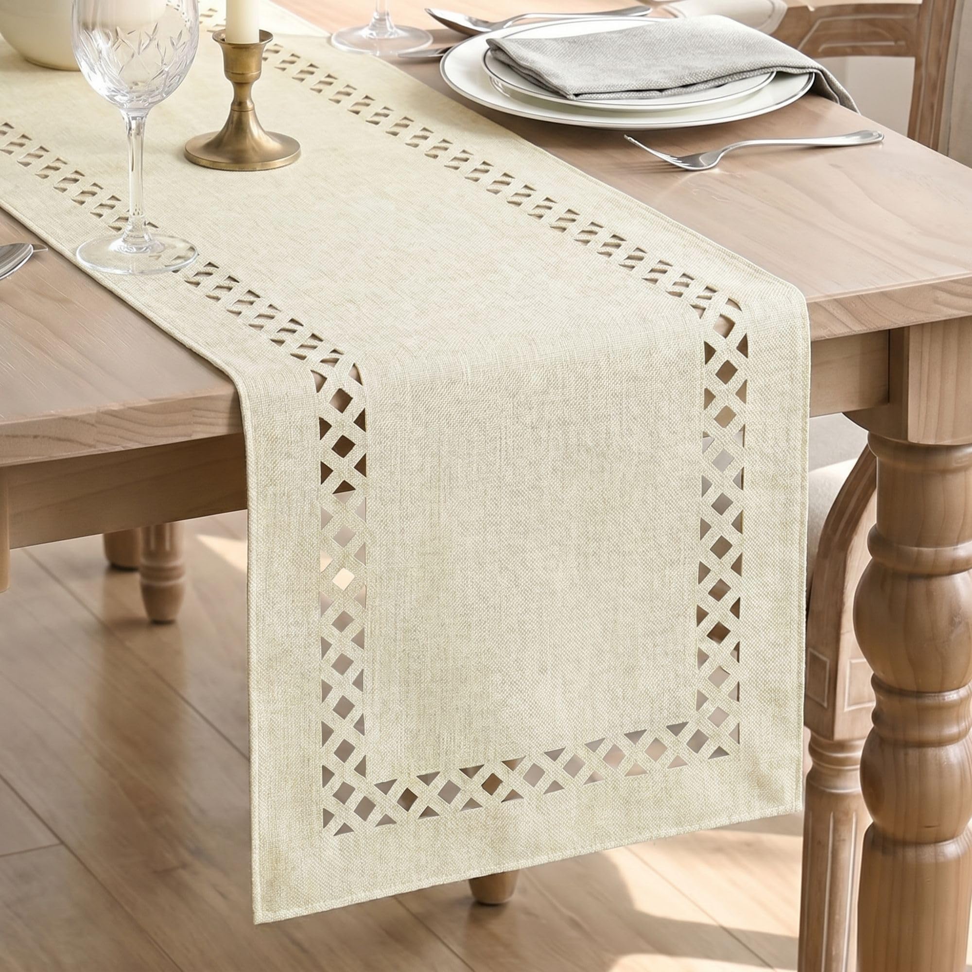 Artoid Mode Beige Geometric Hollow Linen Table Runner 40x240 cm — image 1